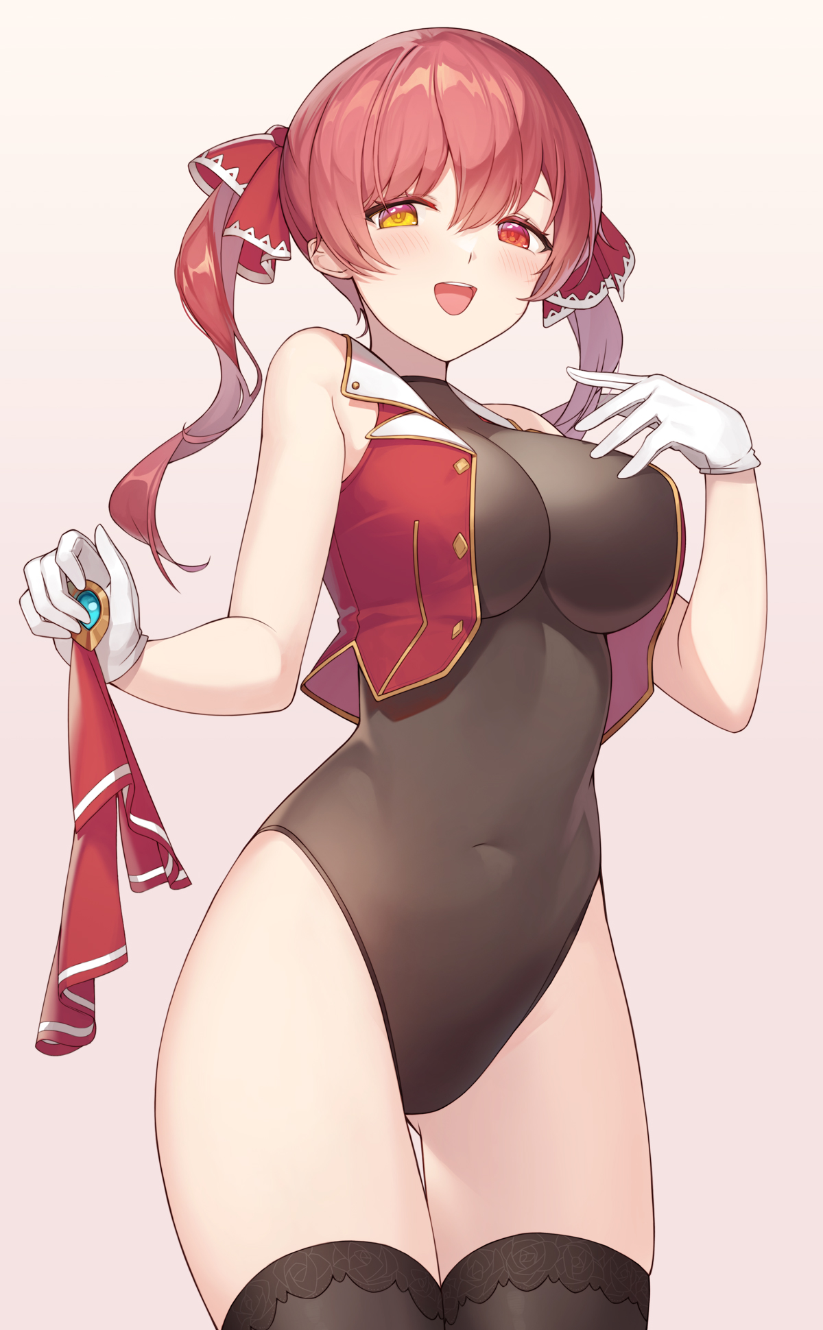 1girls, bangs, bare shoulders, big breasts, blush, blushing, breasts, btraphen, different eye color, female, female only, hair ribbon, heterochromia, hololive, hololive fantasy, hololive japan, houshou marine, leotard, looking at viewer, pink hair, red eyes, see-through, see-through clothing, simple background, smile, solo, thighs, twintails, vest, virtual youtuber, white gloves, yellow eyes, youtube, youtuber