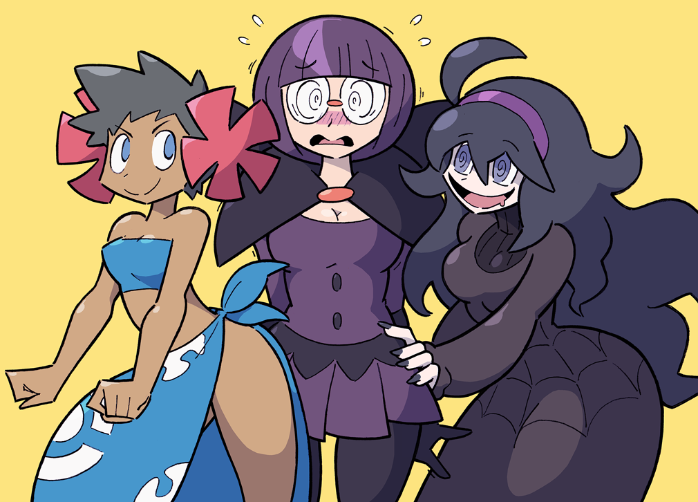 big_breasts cleavage dark-skinned_female dark_skin embarrassed grabbing grabbing_from_behind grinding hex_maniac pale-skinned_female pale_skin phoebe_(pokemon) pokemon purple_hair sexual_harassment shauntal_(pokemon) shenaniganza thick_thighs trait_connection