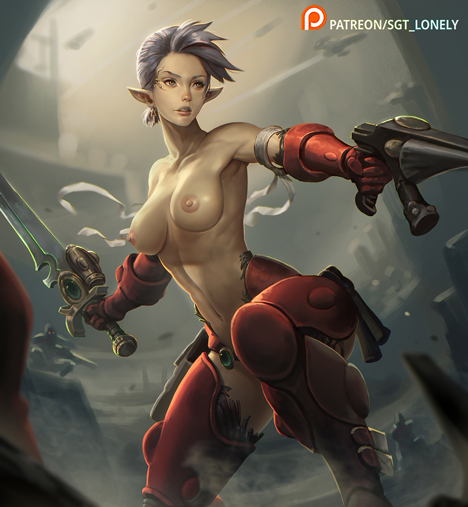 1girls, aeldari, alien girl, athletic, athletic female, breasts, broken armor, earrings, eldar, elf ears, female, gloves, green eyes, gun, legwear, nipples, patreon, patreon username, pointy ears, sgt lonely, short hair, sword, topless, warhammer (franchise), warhammer 40k, weapon, white hair