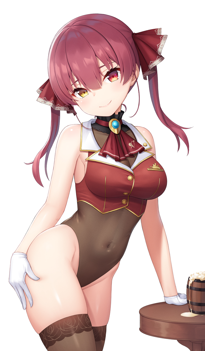 1girls, bangs, bare shoulders, beer, big breasts, breasts, collar, different eye color, female, female only, hair ribbon, hand on thigh, heijialan, heterochromia, hololive, hololive fantasy, hololive japan, houshou marine, looking at viewer, navel, orb, pink hair, red eyes, see-through, see-through clothing, sideboob, slight blush, smile, smiling, solo, thighhighs, twintails, virtual youtuber, white background, white gloves, yellow eyes, youtube, youtuber