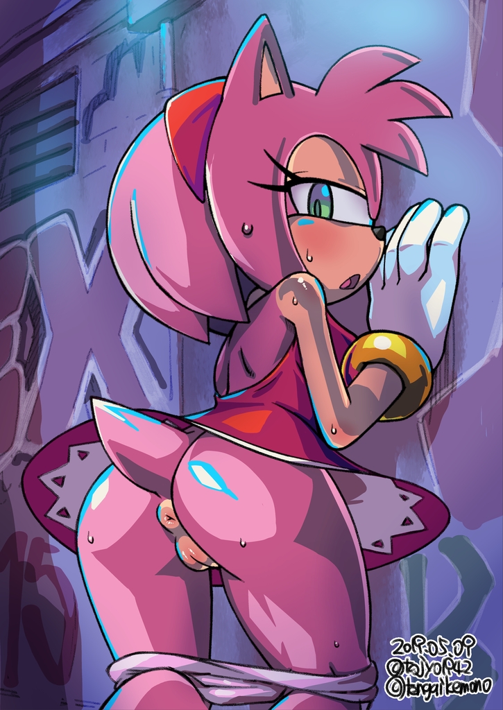 1girls alley amy_rose anus bottomless butt dress looking_at_viewer no_panties partially_clothed pink_fur pink_hair pussy small_breasts solo sonic_(series) sweat tojyo upskirt