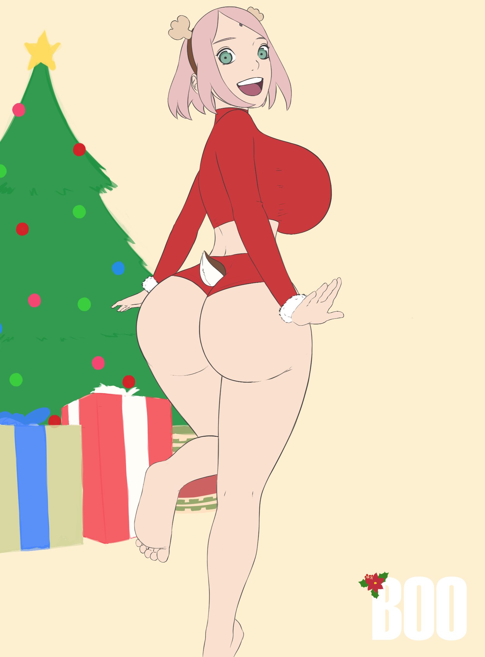 1girls, ass, ass focus, ass hanging out, ass hanging out of shorts, bare legs, barefoot, big breasts, biggies00, bob cut, booty shorts, boruto: naruto next generations, breasts, bubble ass, bubble butt, busty, christmas, christmas tree, clothed, clothing, curvaceous, curvy, curvy figure, cute, fake animal ears, fake horns, fake tail, feet, female, female focus, female only, foot fetish, forehead jewel, forehead mark, green eyes, hairband, holidays, huge ass, huge breasts, large breasts, legs, light skin, light-skinned female, naruto, naruto (series), naruto shippuden, naruto: the last, open mouth, pink hair, pose, posing, reindeer antlers, revealing clothes, sakura haruno, short shorts, shorts, shoulder length hair, shounen jump, smile, soles, standing, standing on one leg, thick thighs, thighs, tight clothing, toes, wide hips