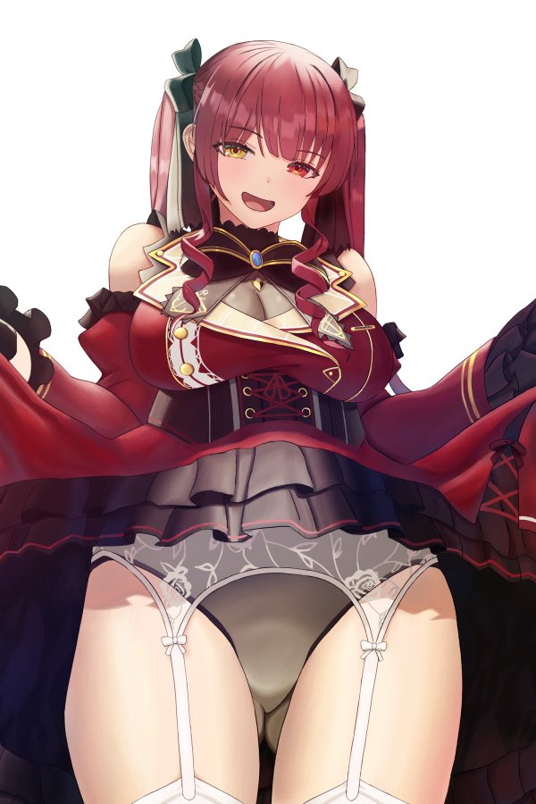1girls, ass visible through thighs, bangs, big breasts, bowtie, breasts, different eye color, female, female only, garter belt, garter straps, hair ribbon, heterochromia, hololive, hololive fantasy, hololive japan, houshou marine, lifting skirt, looking at viewer, panties, red eyes, red hair, skirt, slight blush, smile, smiling, solo, stockings, sword of nmkr, thighs, twintails, virtual youtuber, white background, white stockings, yellow eyes, youtube, youtuber