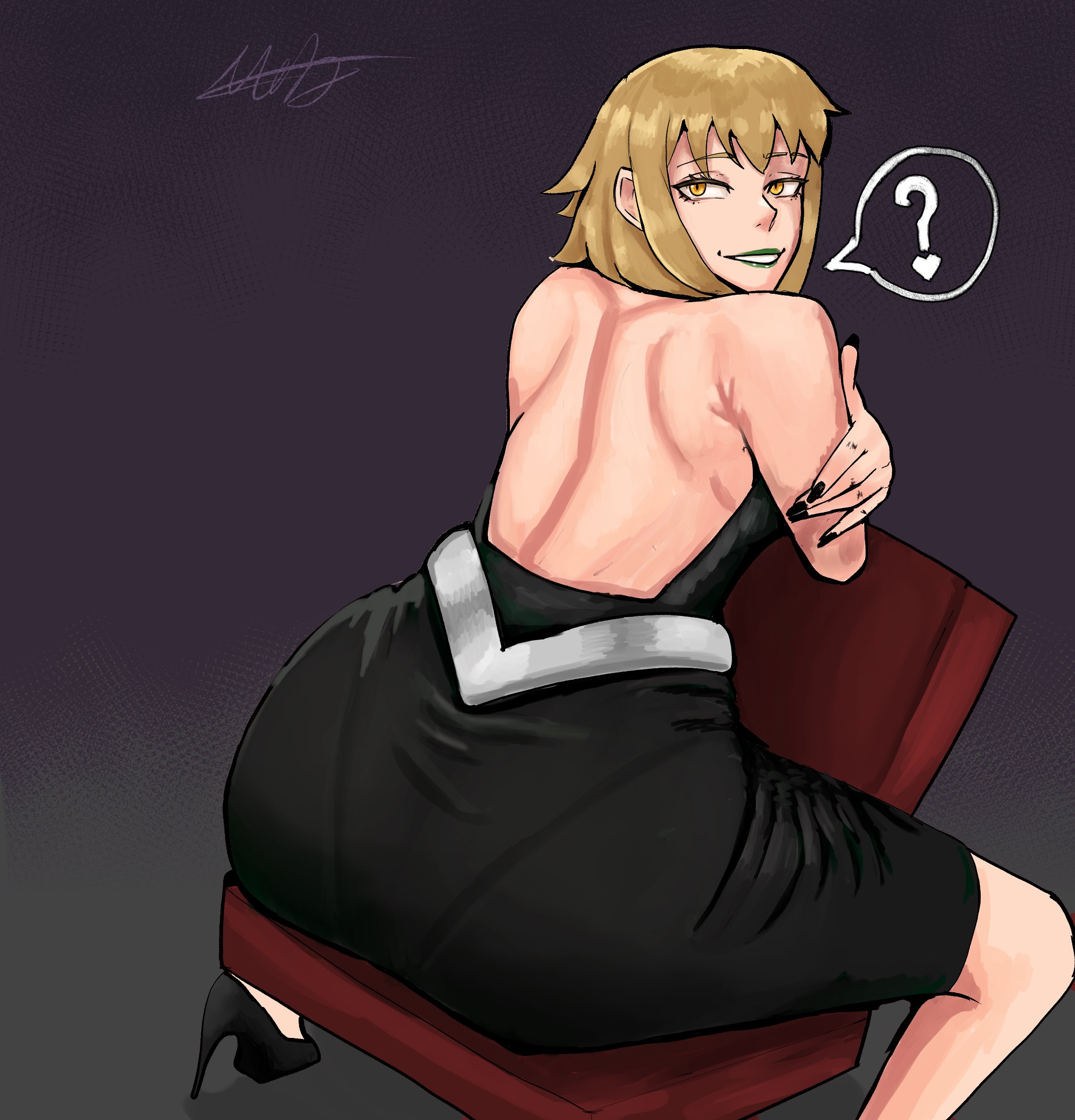 1girls, 2022, 2d, 2d (artwork), adult, adult female, artist signature, ass, ass focus, big ass, big butt, black nails, blonde female, blonde hair, bubble butt, butt focus, chair, clothed, clothed female, dress, female, female focus, female only, fully clothed, high heels, huge ass, human, human female, human only, light skin, light-skinned female, lipstick, looking at viewer, looking back, mature, mature female, medusa gorgon, milf, mobi mobi, no sex, not ai generated, question mark, questionable, realistic proportions, simple background, sitting, sitting on chair, smile, smiling at viewer, solo, solo female, soul eater, thick thighs, thighs, villainess, witch, yellow eyes