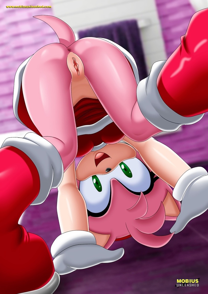 all fours, amy rose, anus, bbmbbf, bent over, bottomless, dress, female, furry, looking at viewer, mobius unleashed, no panties, palcomix, pink fur, pink hair, presenting, sonic (series), upskirt