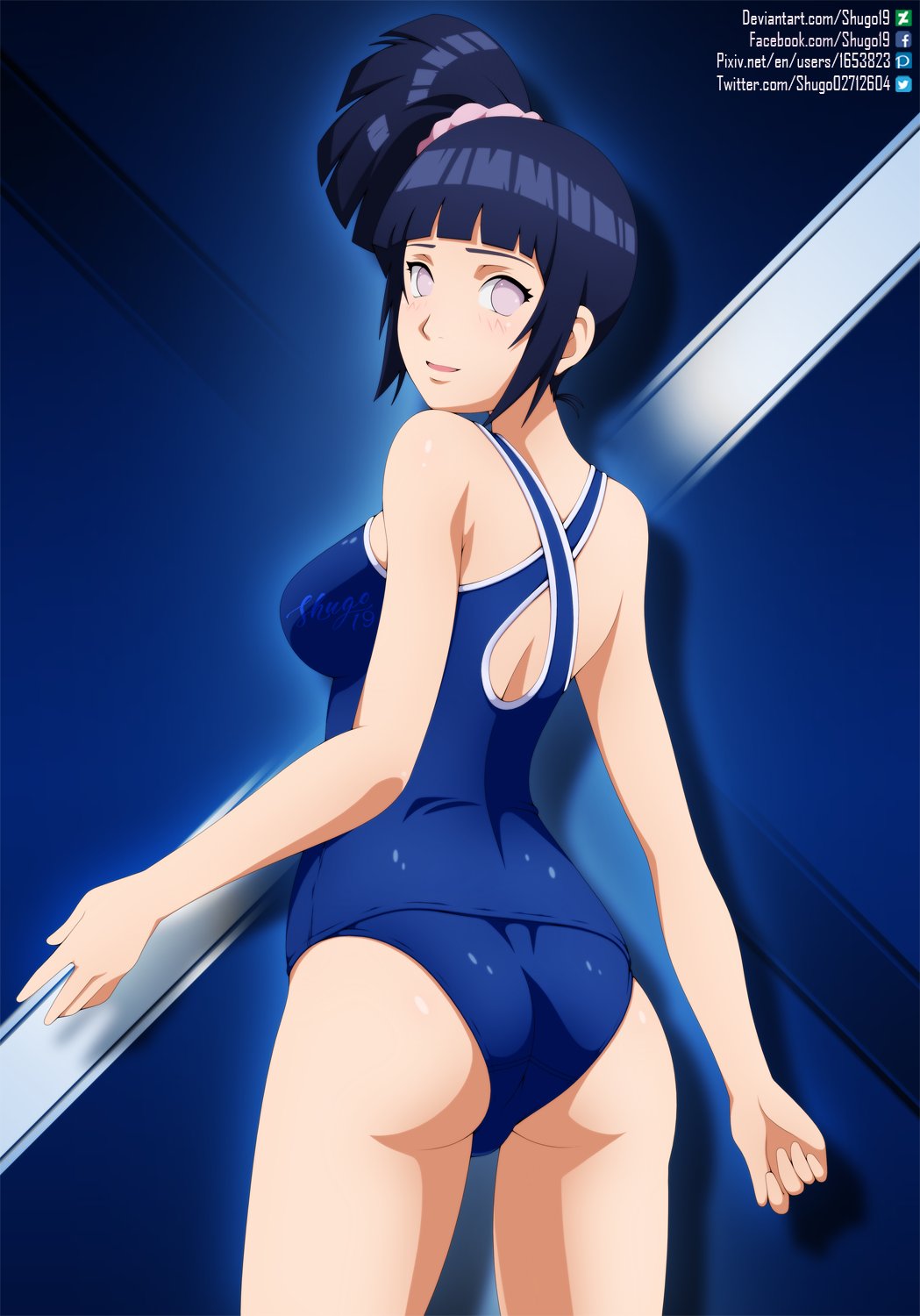 1girls ass ass_focus back_view blue_hair blue_swimsuit blush boruto:_naruto_next_generations breasts bubble_ass bubble_butt clothed clothing female female_focus female_only hair_ribbon hyuuga_hinata looking_at_viewer looking_back medium_breasts naruto naruto_(series) naruto_shippuden one-piece_swimsuit pale-skinned_female pale_skin parted_lips partially_clothed perky_breasts pinup ponytail pose posing purple_eyes revealing_clothes scrunchie shounen_jump shugo19 solo solo_female solo_focus standing swimsuit teenager thighs tied_hair voluptuous