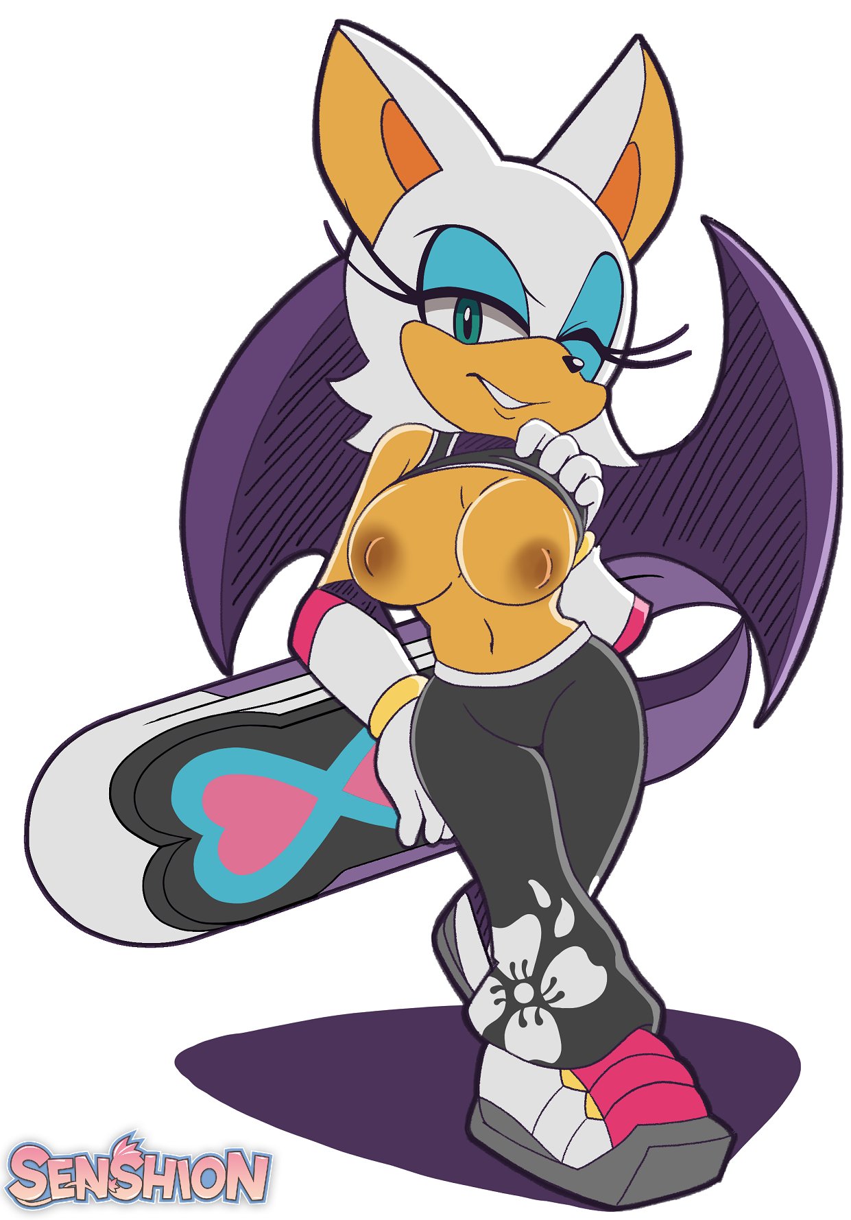 1girls, bat ears, bat wings, big breasts, breasts, breasts out, busty, female, female only, flashing, nipples, rouge the bat, sega, senshion, showing breasts, showing off, solo, solo female, sonic (series), sonic riders, sonic the hedgehog (series), top lift, white background
