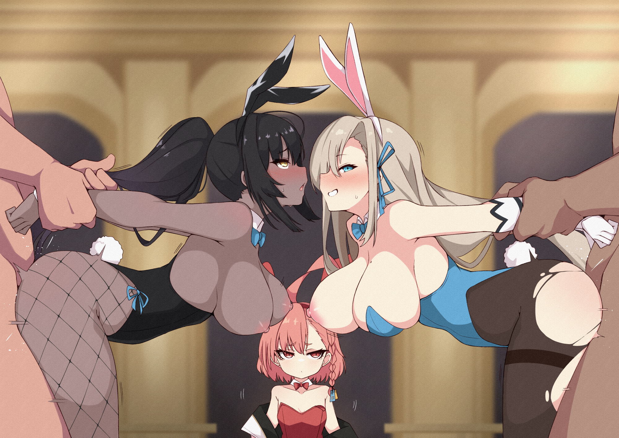2boys, 3girls, ahoge, animal ears, arm grab, aroused, asuna (blue archive), asuna (bunny) (blue archive), bangs, bare shoulders, bent over, black hair, black leotard, blue archive, blue eyes, blue leotard, blush, braid, breasts, brown hair, brown legwear, bunny ears, bunny girl, bunny tail, bunnysuit, cleaning & clearing (blue archive), cleavage, clothing, dark skin, dark-skinned female, detached collar, elbow gloves, eyes rolled back, fake animal ears, female, femsub, fishnet legwear, fishnets, gloves, grin, group sex, hair over one eye, hetero, high resolution, highleg, highleg leotard, human, human female, human male, karin (blue archive), karin (bunny) (blue archive), kumasteam, large breasts, legwear, leotard, light brown hair, light-skinned female, long hair, looking at viewer, looking pleasured, male, millennium science school student, mole, mole on breast, multiple boys, multiple females, multiple girls, multiple males, neru (blue archive), neru (bunny) (blue archive), nipples, open mouth, orange hair, pantyhose, playboy bunny, ponytail, prison guard position, red leotard, sex, sex from behind, side braid, sidelocks, slim waist, smile, standing sex, tail, teenager, thighs, thrusting, tied hair, torn clothes, torn legwear, vaginal penetration, variant set, white gloves, yellow eyes