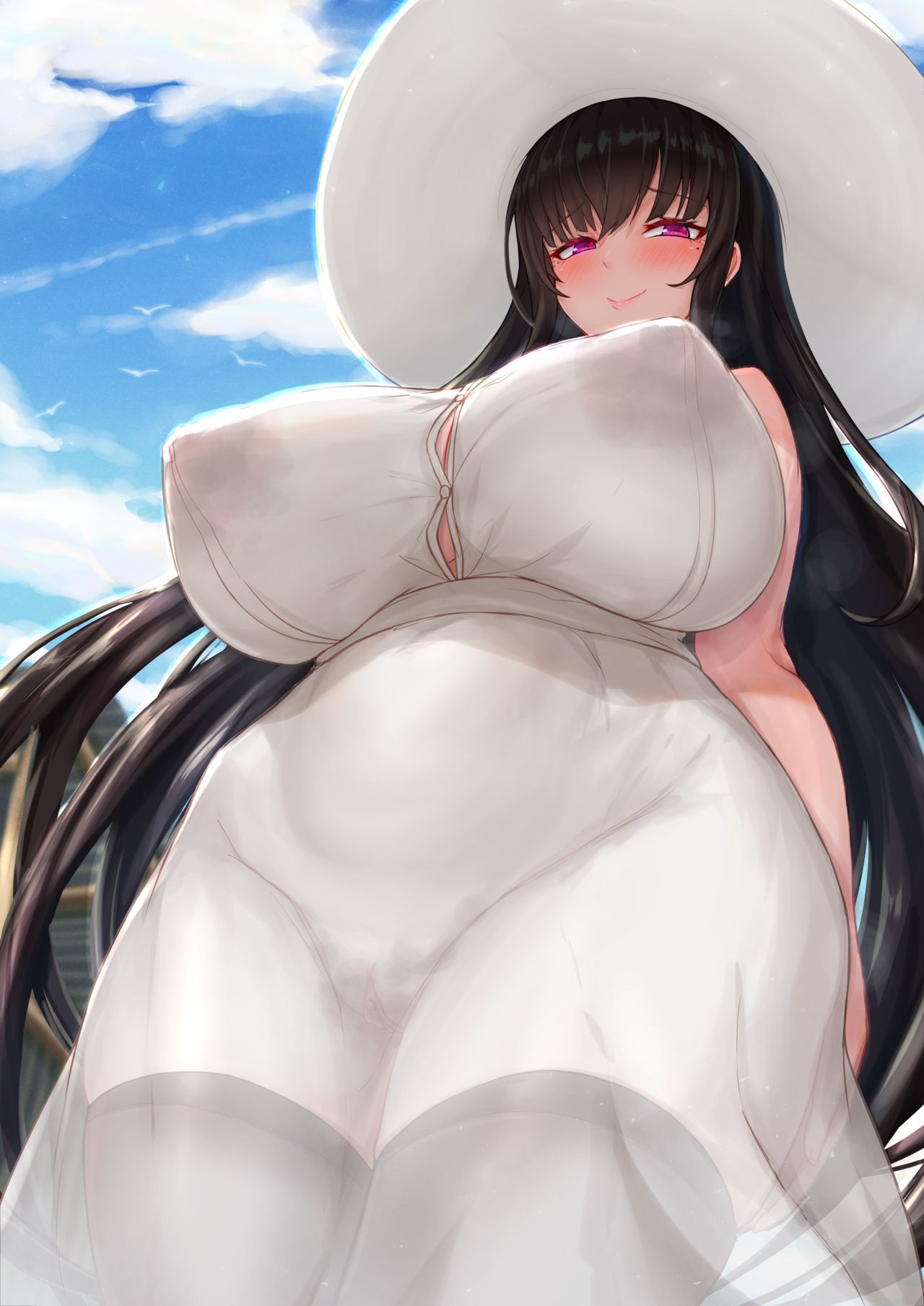 1girls black_hair black_thighhighs blush button_gap dress female female_only hasshaku-sama hat huge_breasts japanese_mythology jefflink long_hair mature_female milf mythology nipple_bulge nipples plump purple_eyes pussy solo solo_female sun_hat sundress thick_thighs thighhighs vagina visible_pussy