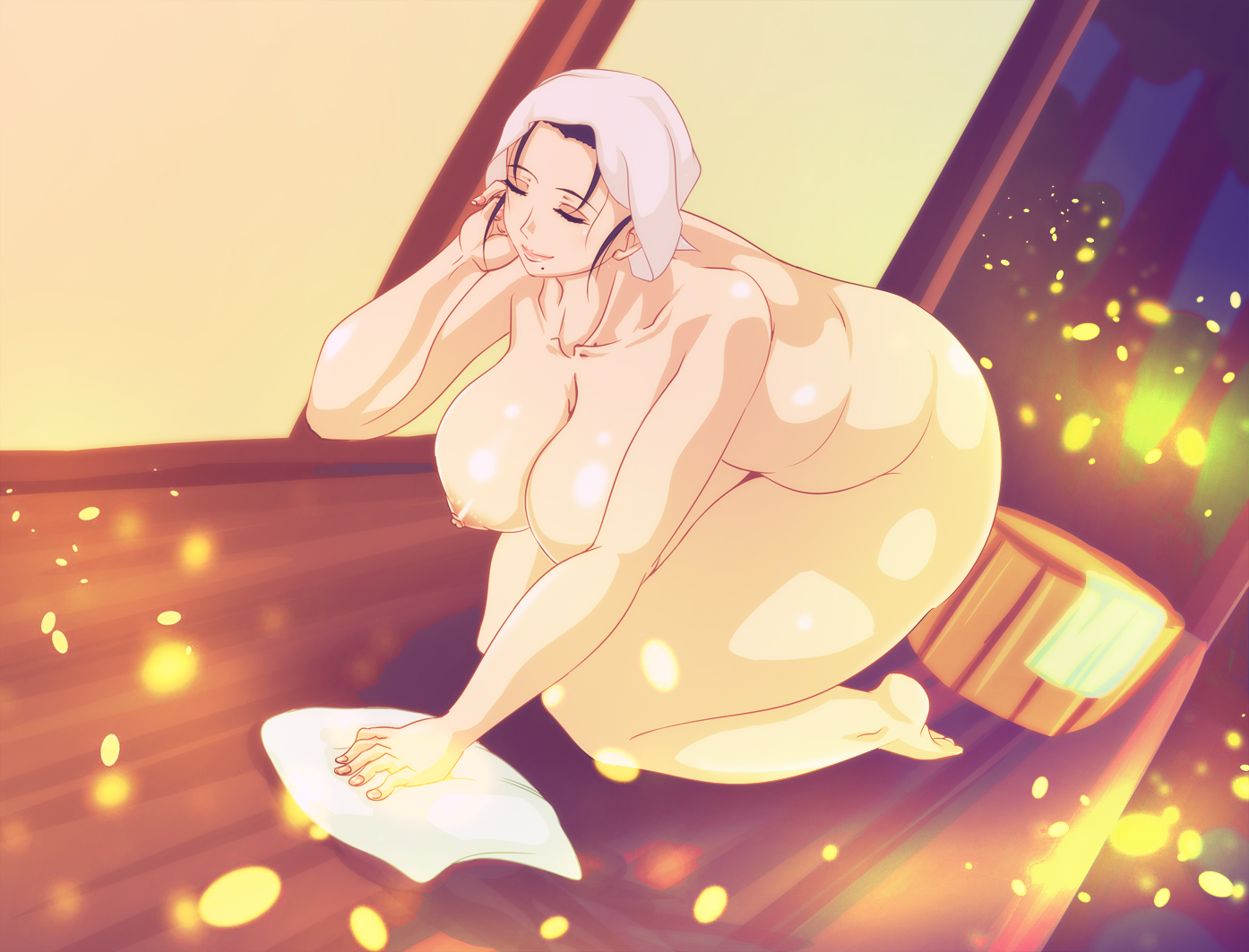 all fours, alternate breast size, big breasts, black hair, breasts, closed eyes, closed eyes smile, completely nude, demon slayer, detailed background, du hong, female, female only, hanging breasts, headscarf, headwear, housewife, kamado kie, kimetsu no yaiba, mature female, milf, mole under mouth, nude, plump, smile, solo, thick thighs