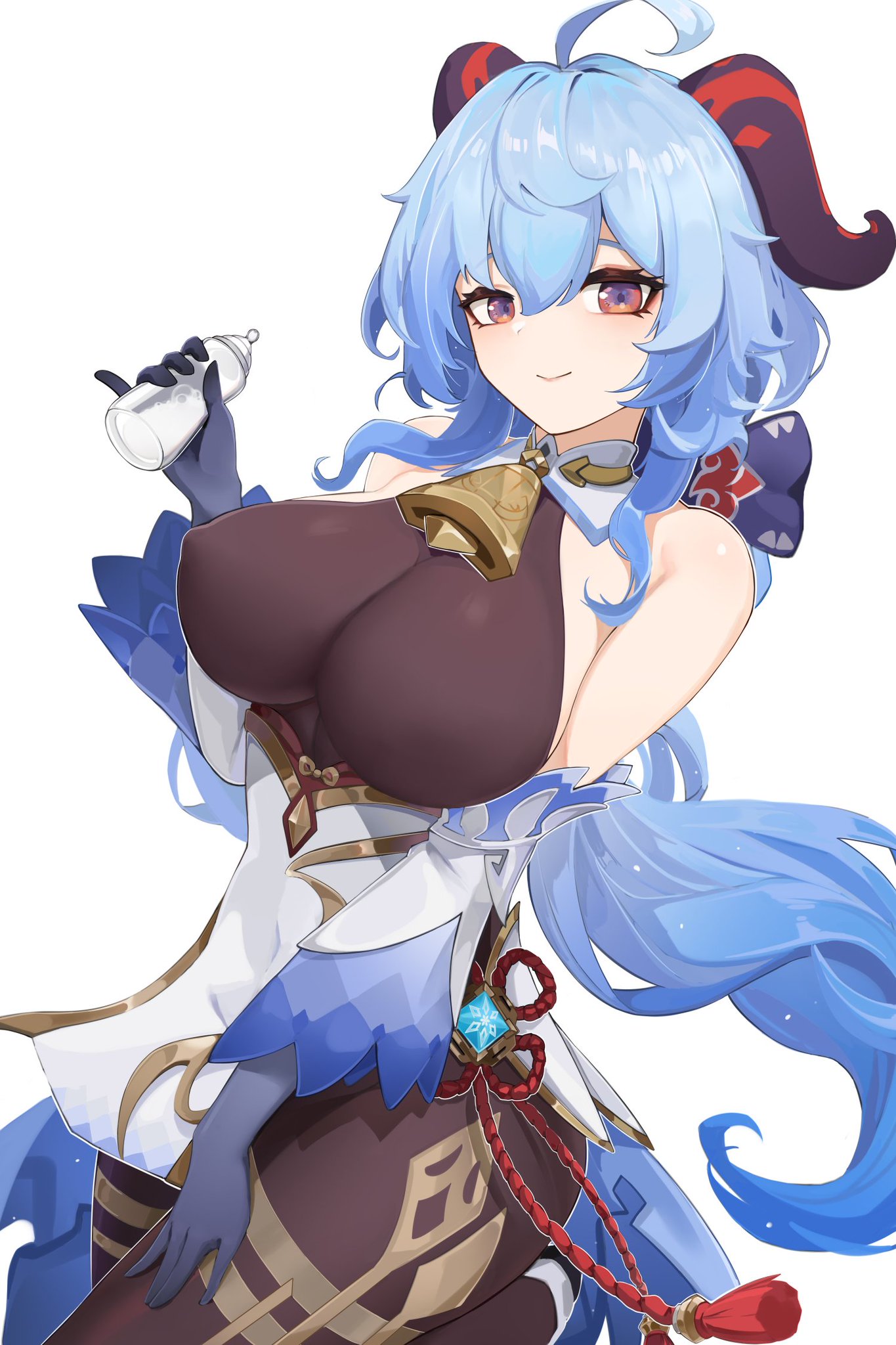 baby bottle, bangs, blue hair, bodysuit, breasts, female, ganyu (genshin impact), genshin impact, goat horns, horns, large breasts, milk