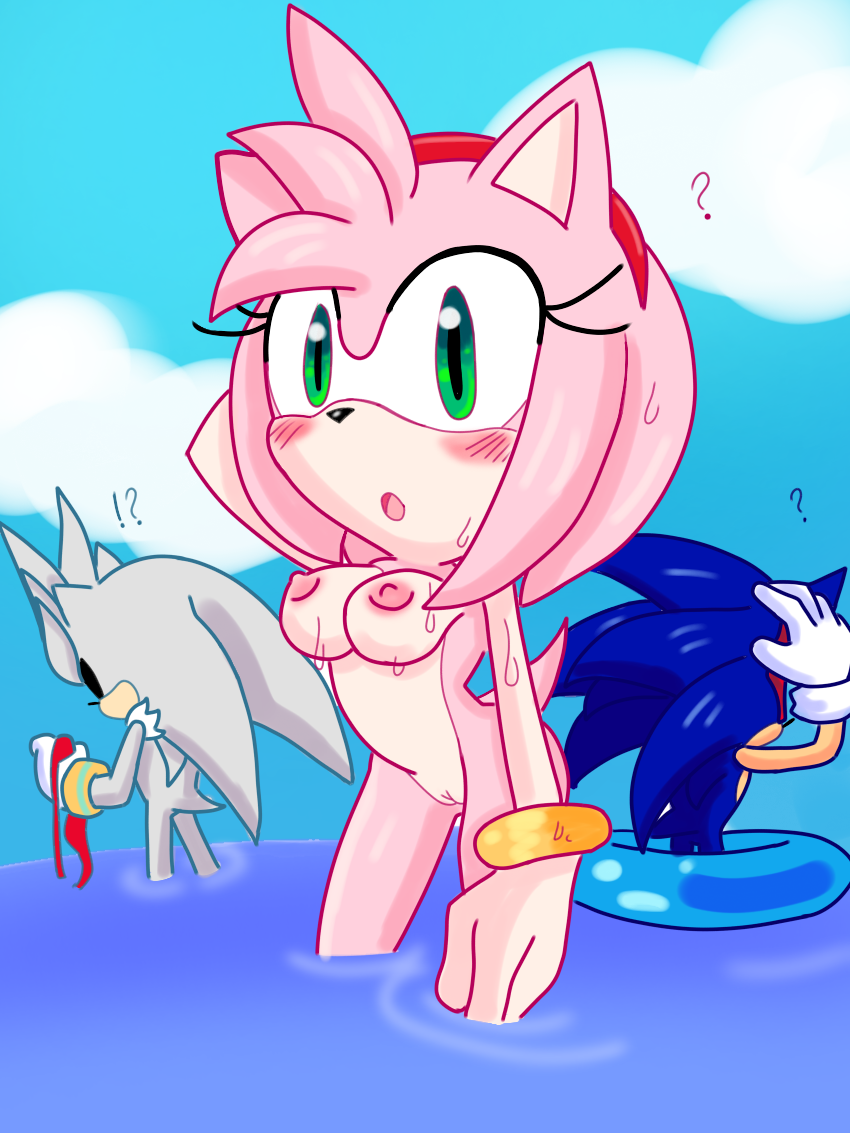 accidental_exposure amy_rose anthro beach breasts completely_nude nipples nude ohyuki pink_fur pink_hair pussy silver_the_hedgehog sonic_(series) sonic_the_hedgehog swimsuit