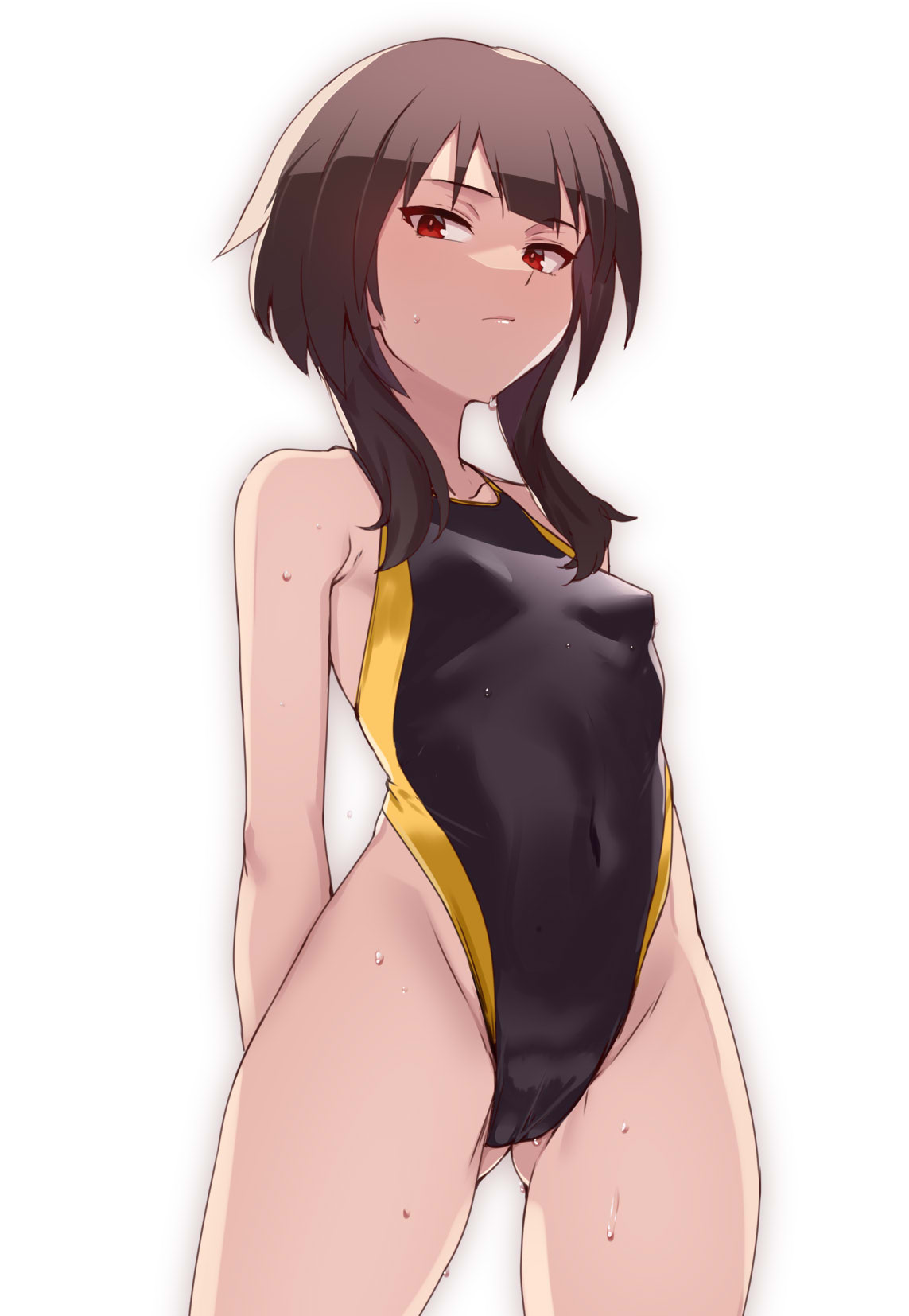 1girls arms_behind_back black_hair cameltoe competition_swimsuit female female_focus harunori_oogami kono_subarashii_sekai_ni_shukufuku_wo! looking_at_viewer looking_down megumin midriff navel nipples nipples_visible_through_clothing one-piece_swimsuit red_eyes short_hair small_breasts solo swimsuit thighs tight_clothing wet wet_clothes