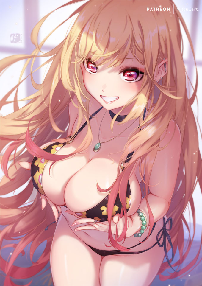 1girls, 2022, artist signature, bikini, black bikini, blonde hair, blush, breasts, choker, cleavage, female, female only, flower pattern, gyaru, hips, huge breasts, kitagawa marin, long hair, looking at viewer, mitsu art, necklace, patreon username, red eyes, slim waist, smile, sono bisque doll wa koi wo suru, thick thighs, thighs, wide hips