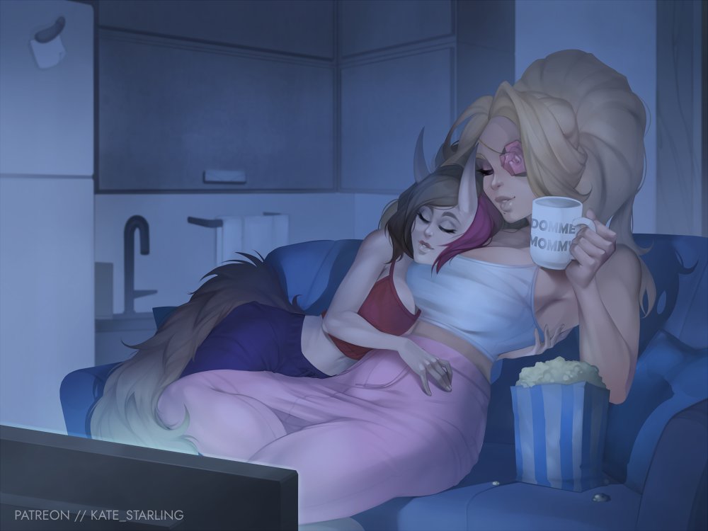 2girls ariza_moonwall blonde_female blonde_hair borrowed_character clothed coffee_mug commission flower_eyepatch head_on_breasts height_difference horns kate_starling large_breasts mature_female medium_breasts milf mole mole_under_mouth multiple_girls original pajamas popcorn spooning watching_tv xaeko yuri