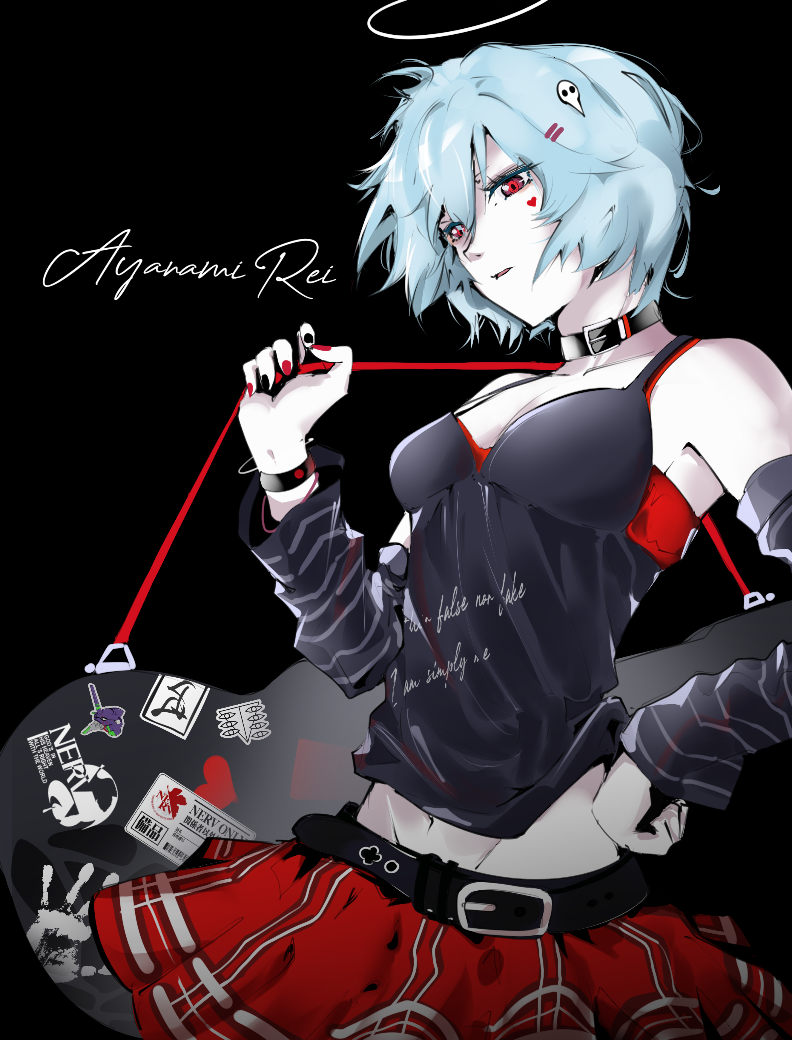 1girls, absurd res, bare midriff, belt, blue hair, breasts, character name, choker, cleavage, clothing, collar, colored nails, facial markings, female, goth, gothified, guitar, hair between eyes, hair ornament, hairclip, halo, hand on hip, heart tattoo, hi res, light blue hair, light skin, light-skinned female, nail polish, neon genesis evangelion, painted nails, pale skin, pale-skinned female, punk, red eyes, rei ayanami, short hair, skirt, small breasts, solo, solo female, tattoo, teenager