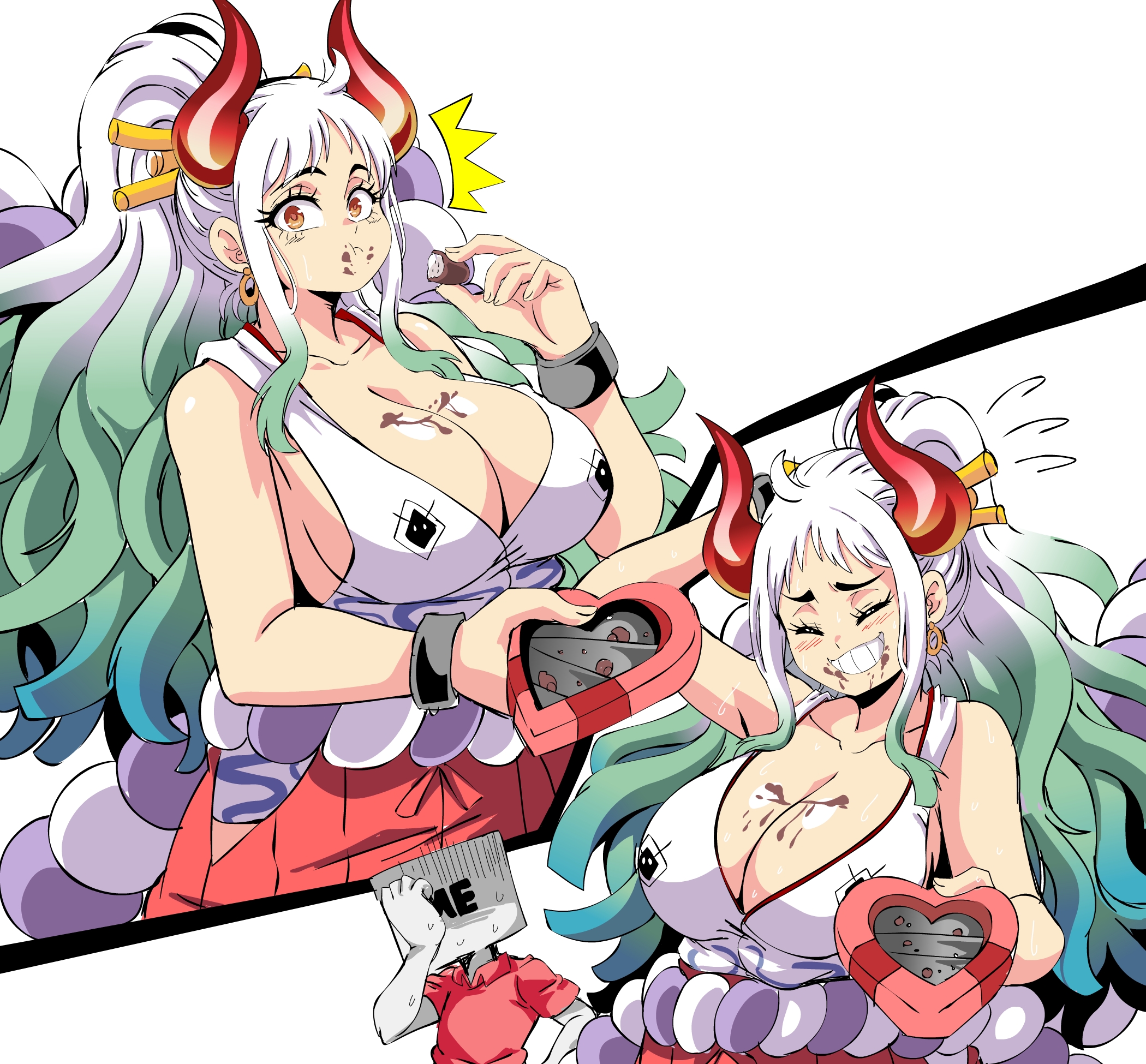 1girls, big breasts, blue hair, breasts, brown eyes, clothed, clothing, curvy, curvy figure, demon, ear piercing, earrings, female, female focus, female only, gradient hair, hakama, hi res, highres, hoop earrings, horned humanoid, horns, huge breasts, humanoid, lewdamone, light skin, light-skinned female, long hair, multicolored hair, multiple views, one piece, oni, oni horns, red eyes, revealing clothes, sideboob, simple background, solo, solo female, standing, thick thighs, thighs, two-tone hair, white hair, white-haired female, wide hips, yamato (one piece), yokai
