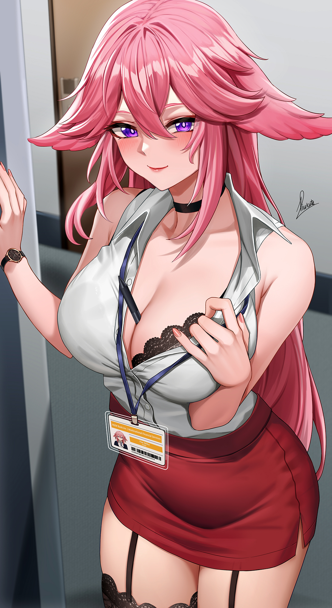 1girls, 2022, alternate version available, animal ears, blush, bra, breasts, choker, cleavage, female, female only, fox ears, fox girl, genshin impact, highres, hips, huge breasts, kitsune, long hair, miko, name tag, naughty face, object between breasts, office lady, pink hair, piukute062, purple hair, short skirt, shrine maiden, skirt, sleeping, sleeveless, slim waist, smile, teasing, thick thighs, thighs, white shirt, wide hips, wristwatch, yae miko