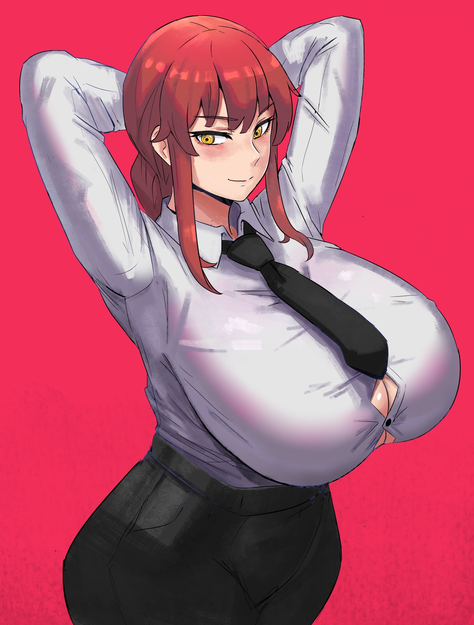 1girls, 2022, alternate version available, arms behind head, arms up, blush, breasts, bursting breasts, button gap, chainsaw man, clothed, clothed female, female, female only, hi res, hips, huge breasts, long hair, looking at viewer, makima (chainsaw man), necktie, red hair, simple background, slim waist, straining buttons, straining clothing, thick thighs, thighs, tight clothes, tight clothing, top heavy, venus body, wide hips, yellow eyes, ytrall