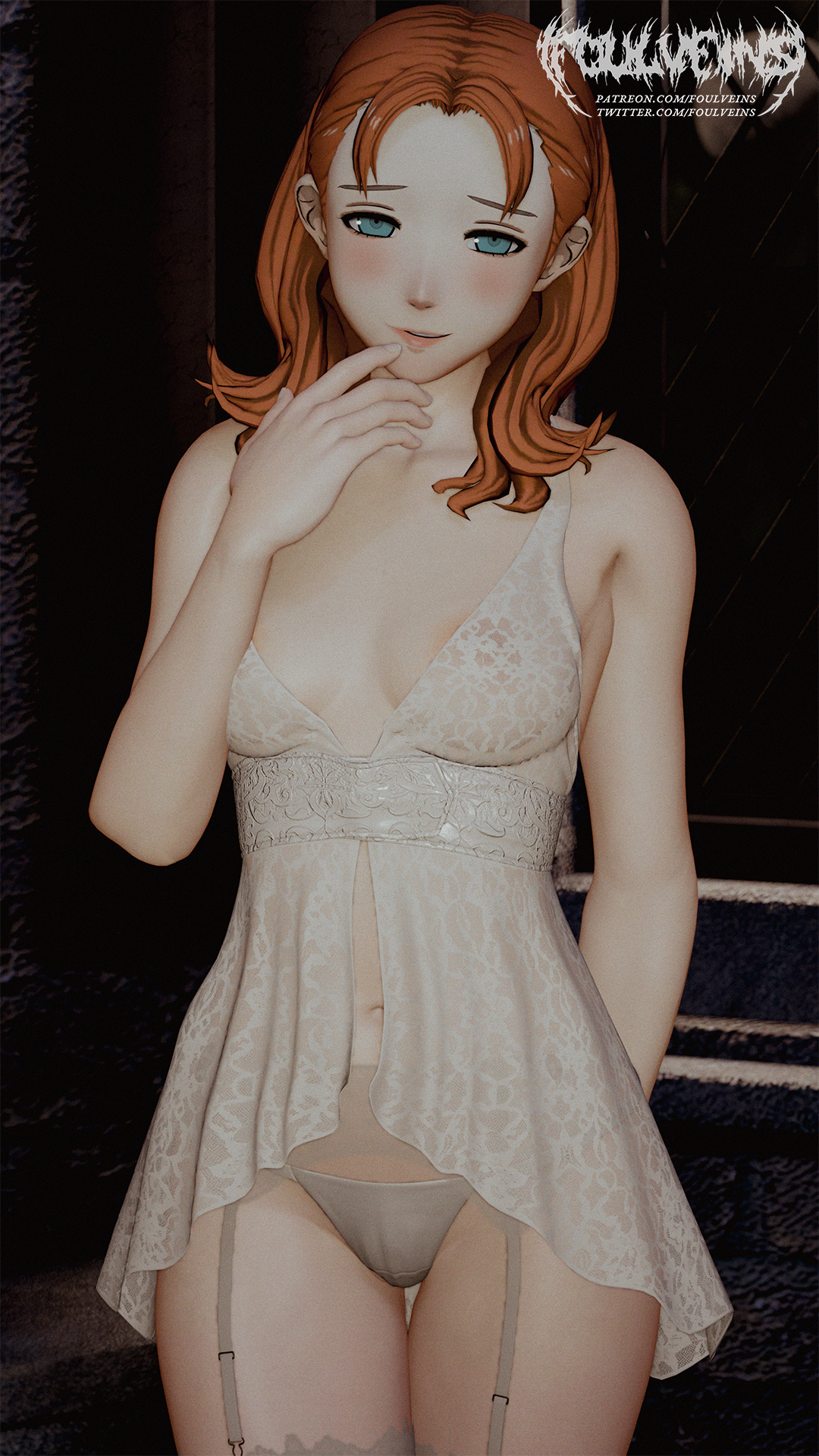 1girls, 3d, annette fantine dominic, bare thighs, blue eyes, breasts, female, female only, fire emblem, fire emblem: three houses, foulveins, garter straps, lingerie, looking at viewer, medium hair, nintendo, orange hair, panties, small breasts, smile, solo, thighhighs, thighs, white panties
