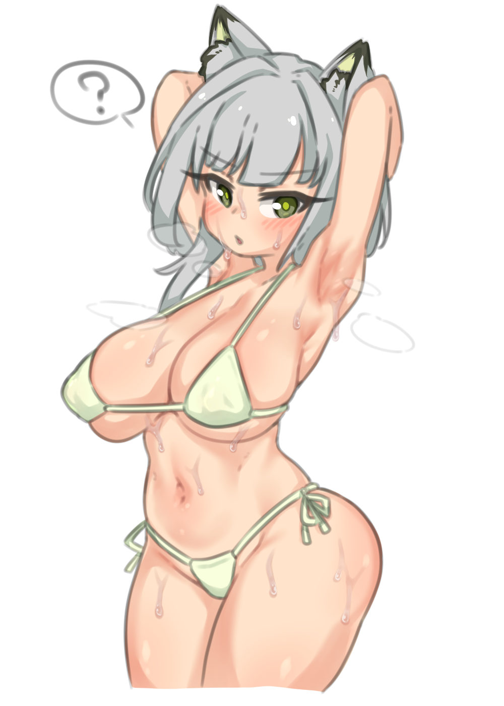 ? animal_ears arknights armpits arms_behind_head ass bangs basukechi basukechi_(basuke/bskchi5) bikini blush breasts cleavage eyebrows_visible_through_hair female green_eyes grey_hair highres kal'tsit_(arknights) looking_at_viewer navel open_mouth short_hair simple_background solo spoken_question_mark sweat swimsuit white_background white_bikini