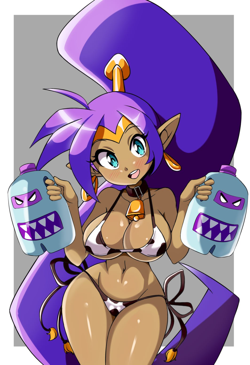 1girls, 2022, blue eyes, breasts, brown skin, cleavage, cow print, cow print bikini, dark skin, dark-skinned female, female, female focus, female only, hips, holding object, large breasts, long hair, long ponytail, looking at viewer, lucyfercomic, milk, milk bottle, pointy ears, ponytail, purple hair, shantae, shantae (character), side-tie bikini, slim waist, smile, smooth skin, thick thighs, thighs, very long hair, wayforward, wide hips