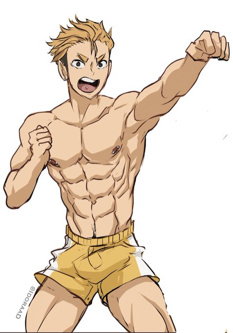 1boy abs barbell_piercing blonde_hair brown_eyes haikyuu!! happy_trail human lilprincyvi male male_only muscles muscular_male nipple_piercing pecs penis_bulge piercing smooth_skinned_male solo terushima_yuji toony undercut white_background white_stripe yellow_shorts