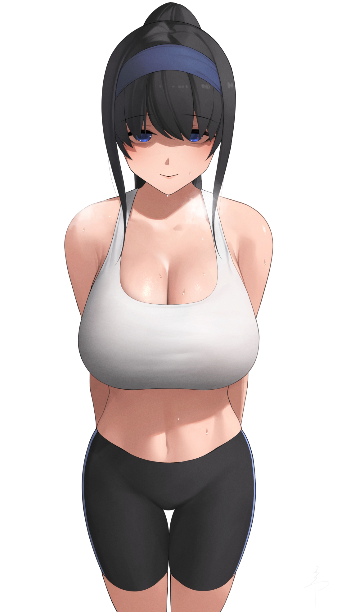 1girls, 2022, alternate costume, arms behind back, bangs, bare shoulders, bike shorts, black hair, black shorts, blue eyes, blue hairband, breasts, cleavage, closed mouth, collarbone, eyebrows visible through hair, feet out of frame, female, female focus, female only, hairband, highres, idolmaster, idolmaster cinderella girls, large breasts, long hair, looking at viewer, midriff, navel, ponytail, sagisawa fumika, senju (snz0), shaded face, shorts, sidelocks, smile, solo, solo female, sports bra, standing, steaming body, stomach, sweat, sweaty, thigh gap, toned