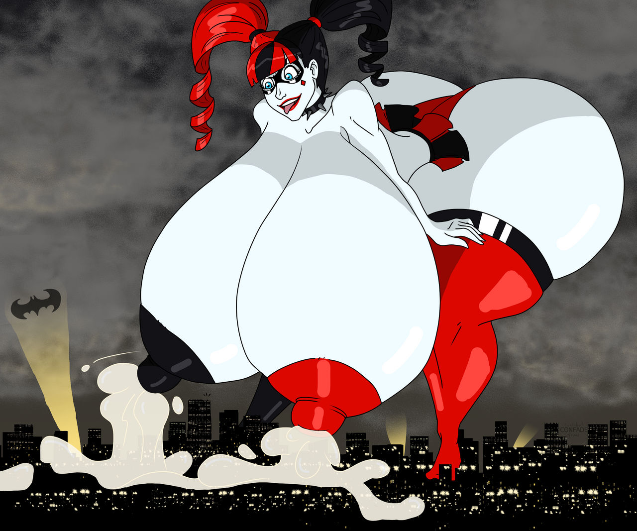 1girls, ass, batman (series), bending over, bent over, big ass, big butt, breasts, confade, dc, dc comics, dumptruck ass, enormous ass, enormous breasts, expansion, fat ass, female, female only, giant female, giantess, giga giantess, gigantic ass, gigantic breasts, harley quinn, huge ass, huge breasts, huge nipples, hyper, hyper breasts, lactation, lactophilia, large areolae, large ass, large breasts, macro, macro female, massive ass, nipples, solo, thick thighs, thighhighs, tongue, tongue out, villainess