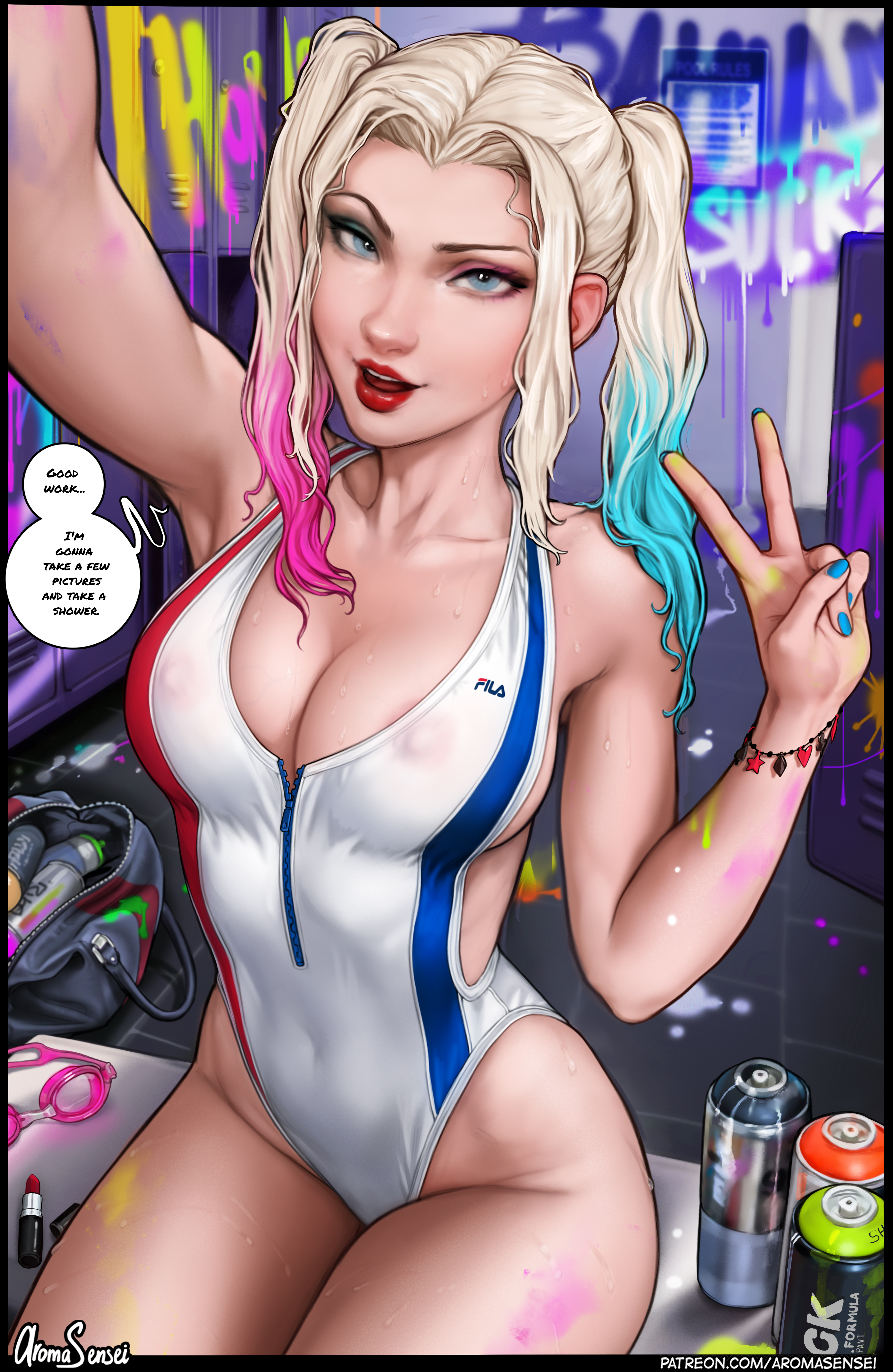 1girls, alternate version available, aroma sensei, batman (series), blonde hair, blue eyes, blue hair, breasts, cleavage, dc, dc comics, dialogue, dyed hair, english text, female, female only, harley quinn, harley quinn (series), large breasts, lipstick, looking at viewer, nipples visible through clothing, one-piece swimsuit, peace sign, red hair, red lipstick, selfie, solo, speech bubble, swimsuit, text, twintails, wet, wet hair, wet skin