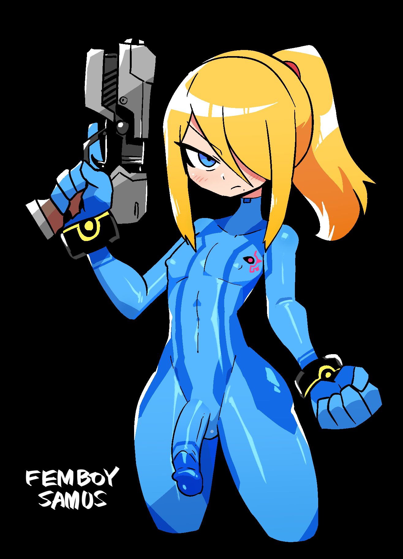 1boy, black background, blonde hair, blue eyes, bodysuit, casual, cock under clothes, condom clothing, crap-man, detailed penis, english text, femboy, firearm, flaccid, futa, futa cock, futa only, futa penis, futanari, genderswap, genderswap (ftm), girly, hair over one eye, handgun, hi res, huge cock, huge dick, huge penis, human, intersex, light blush, long hair, looking at viewer, male, male only, metroid, narrowed eyes, nintendo, nipple bulge, penis, penis under clothes, ponytail, rule 63, samus aran, skin tight, skin tight clothes, skin tight clothing, skin tight outfit, skin tight suit, skintight, solo, solo male, text, tight, tight clothes, tight clothing, tight fit, weapon, wristwear, zero suit, zero suit samus