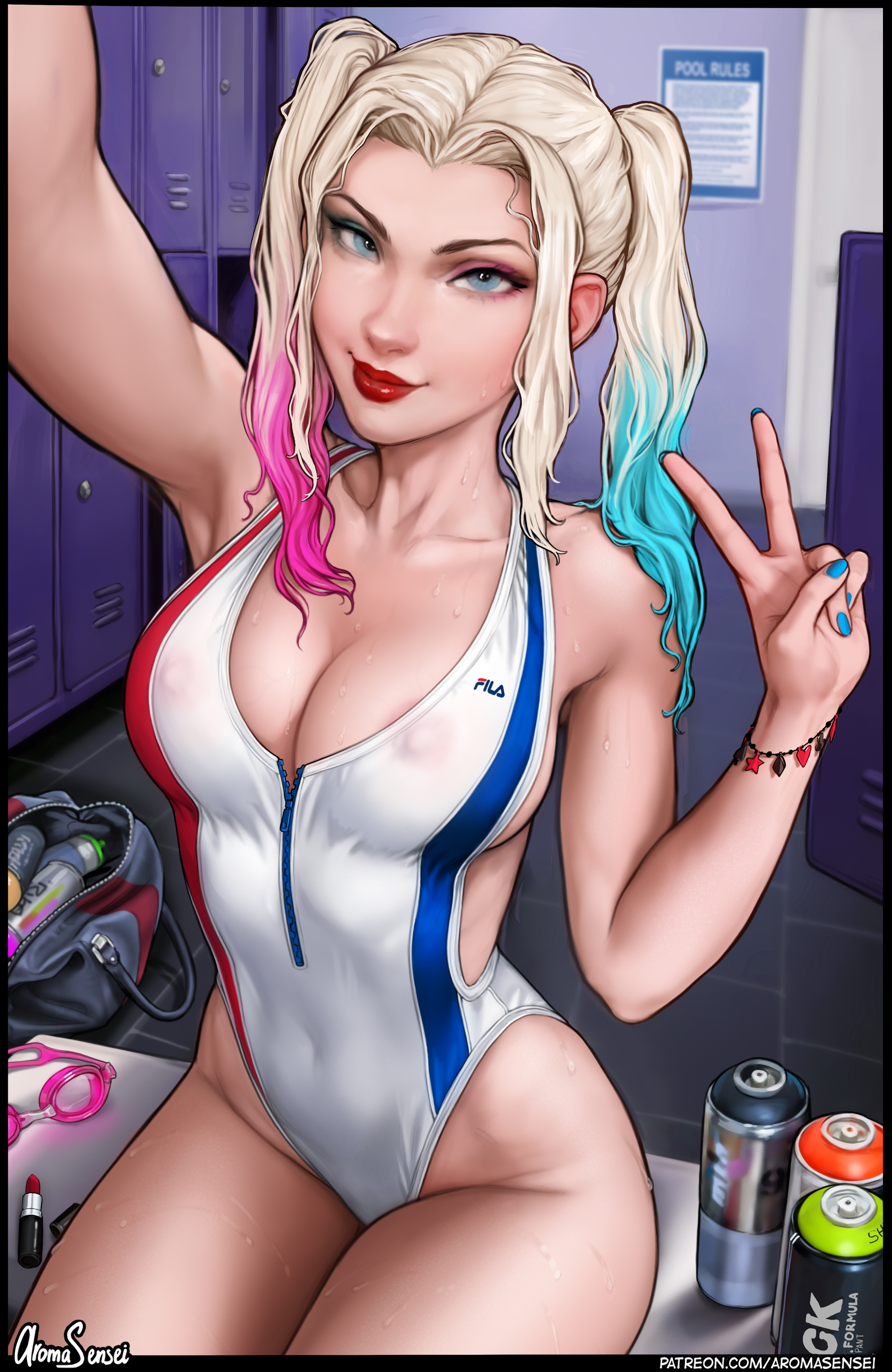 1girls, alternate version available, aroma sensei, batman (series), blonde hair, blue eyes, blue hair, breasts, cleavage, dc, dc comics, dyed hair, female, female only, harley quinn, harley quinn (series), large breasts, lipstick, looking at viewer, nipples visible through clothing, one-piece swimsuit, peace sign, red hair, red lipstick, selfie, solo, swimsuit, twintails, wet, wet hair, wet skin