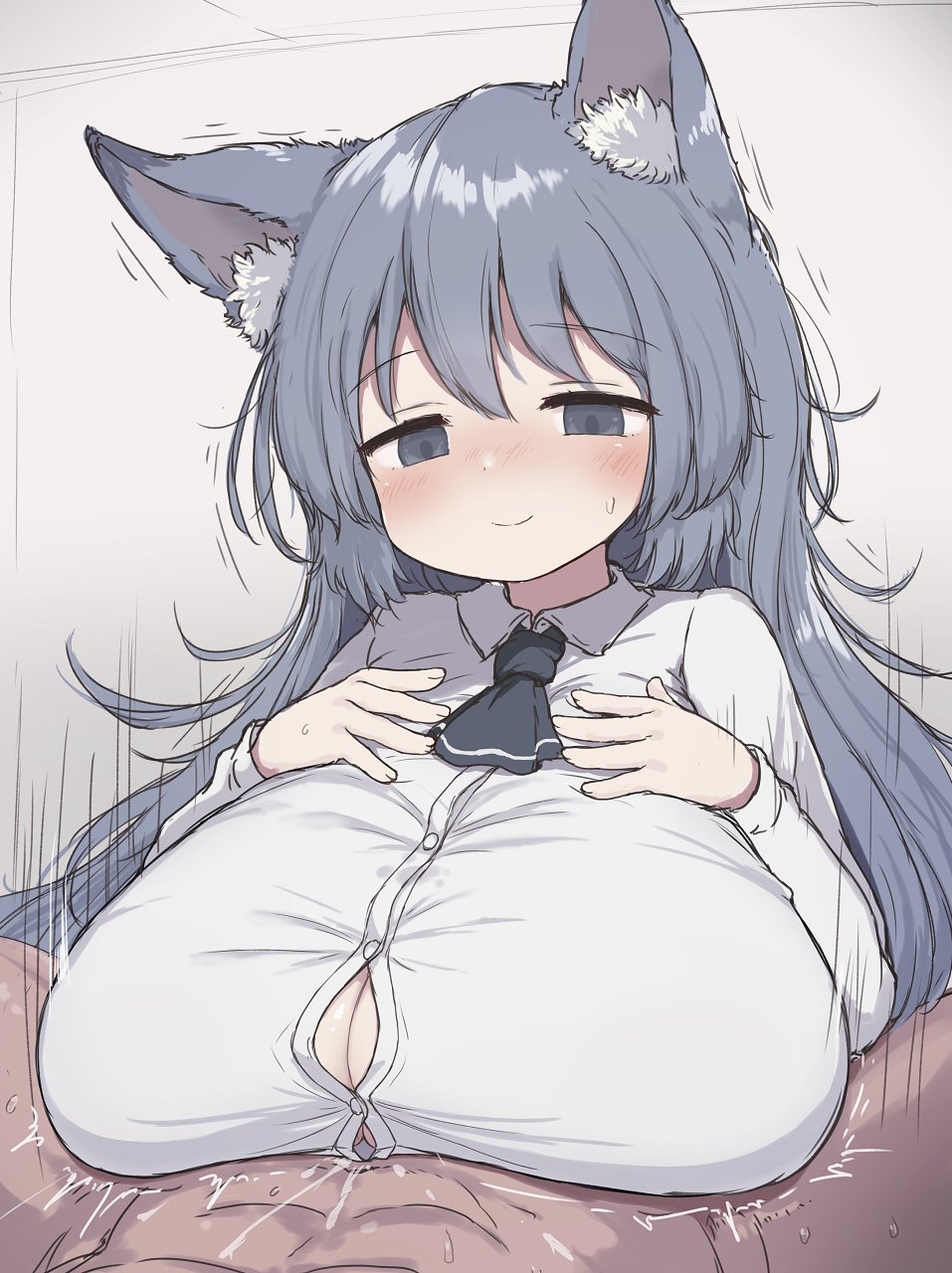 1boy, 1girls, animal ear fluff, animal ears, black neckwear, black skirt, breasts, cleavage, clothed female nude male, collared shirt, cum, cum between breasts, cum through clothes, cum through clothing, engulfing paizuri, female, grey hair, highres, long hair, long sleeves, male, massive breasts, miniskirt, neckerchief, nude, original, paizuri, paizuri on lap, paizuri under clothes, pov, shirt, shortstack, skirt, small but busty, straight, tozaumo, unbuttoned, unbuttoned shirt, white shirt, wing collar, wolf ears, wolf girl, wolf tail