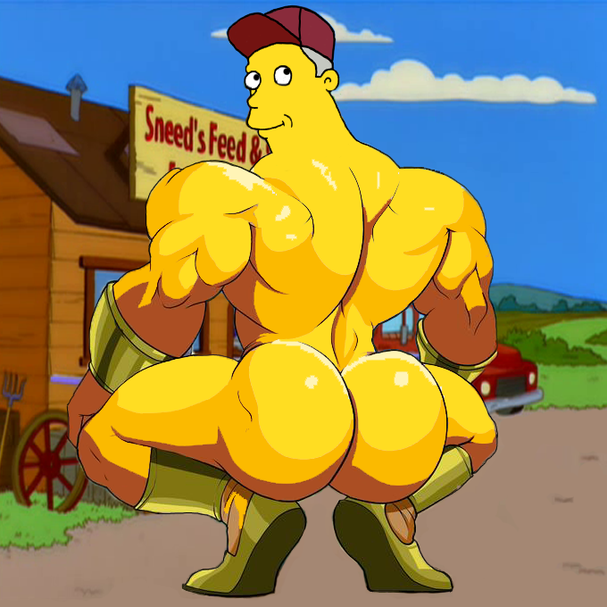 1boy 2021 bara blue_sky boots bracelets broly_culo building cloud day dfsdfdf edit grass gray_hair grey_hair hat large_ass male_only meme muscular muscular_male outside pickup_truck pitchfork sky smiling sneed sneed's_feed_and_seed sneed_(the_simpsons) solo solo_male squatting the_simpsons truck wheel wooden_house yellow_skin