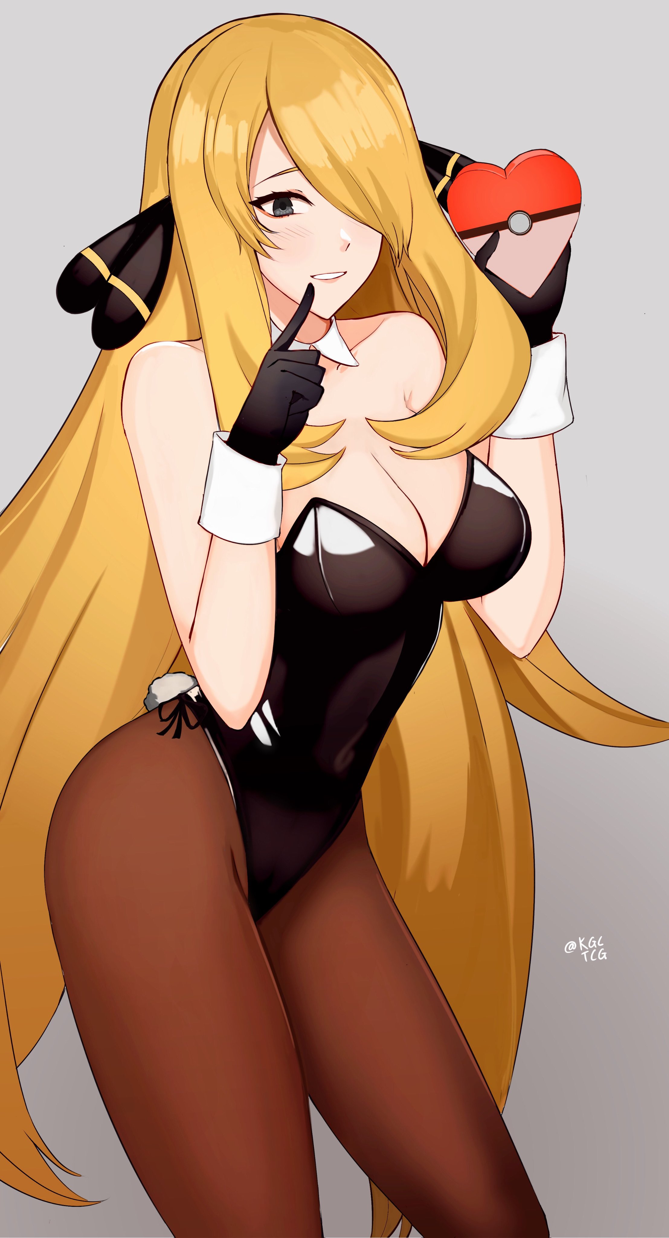 1girls, 2022, 5 fingers, alternate breast size, alternate costume, arms, artist name, artist signature, black gloves, black leotard, blonde hair, breasts, bunny girl, bunny tail, bunnysuit, clothed female, collar, corset, cuffs, cynthia (pokemon), detached collar, eyes, fair skin, fair-skinned female, female, female focus, female only, finger to mouth, fingers, game freak, gloves, grey eyes, hair band, hair ornament, hair over one eye, hairband, hands, human, human focus, human only, kgctcg, large breasts, legs, leotard, long hair, nintendo, pantyhose, pokemon, pokemon dppt, pokemon trainer, shoulders, side bangs, simple background, solo, solo focus, thighs, tie, twitter username, valentine's day, very long hair, white collar, white cuffs, white wrist cuffs, wrist cuffs