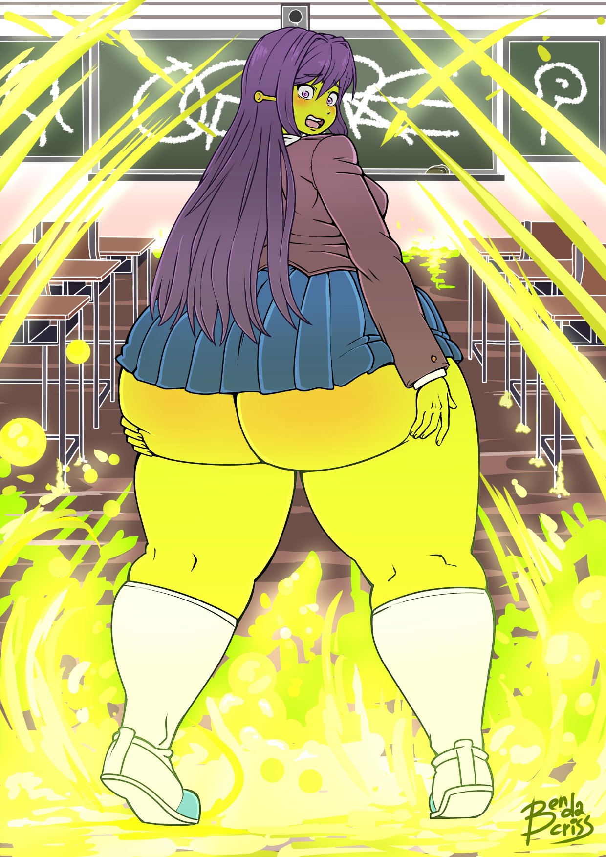 1girls, after transformation, ass, bendacriss, big ass, bottom heavy, doki doki literature club, female, female only, gigantic ass, green skin, hi res, highres, huge ass, looking at viewer, looking back, monster girl, ogre, pear shaped, post-transformation, rear view, short skirt, shrek (series), socks, solo, solo female, thick thighs, transformation, yuri (doki doki literature club)