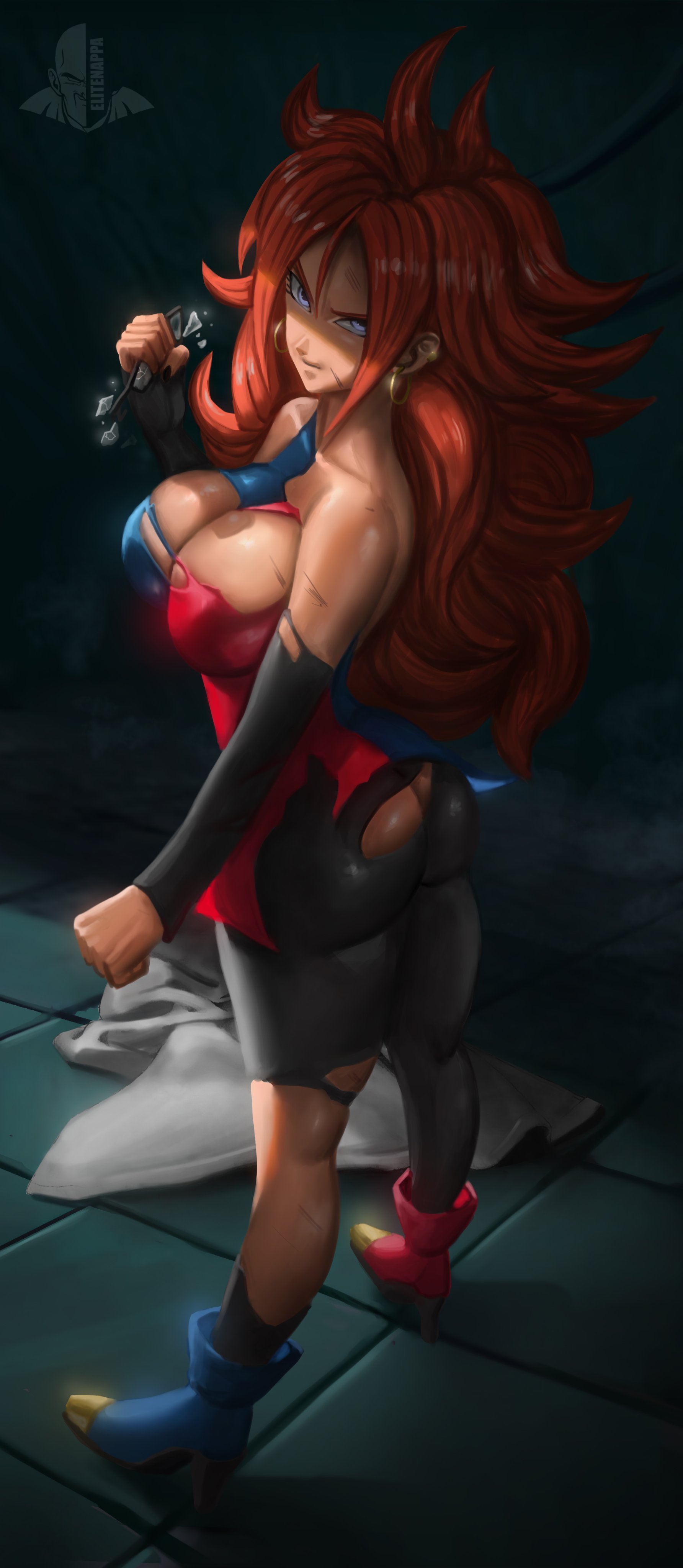 android 21, android 21 (human), ass, big breasts, breasts, cleavage, dragon ball, dragon ball fighterz, elitenappa, eyewear removed, female, female only, looking at viewer, ripped clothing
