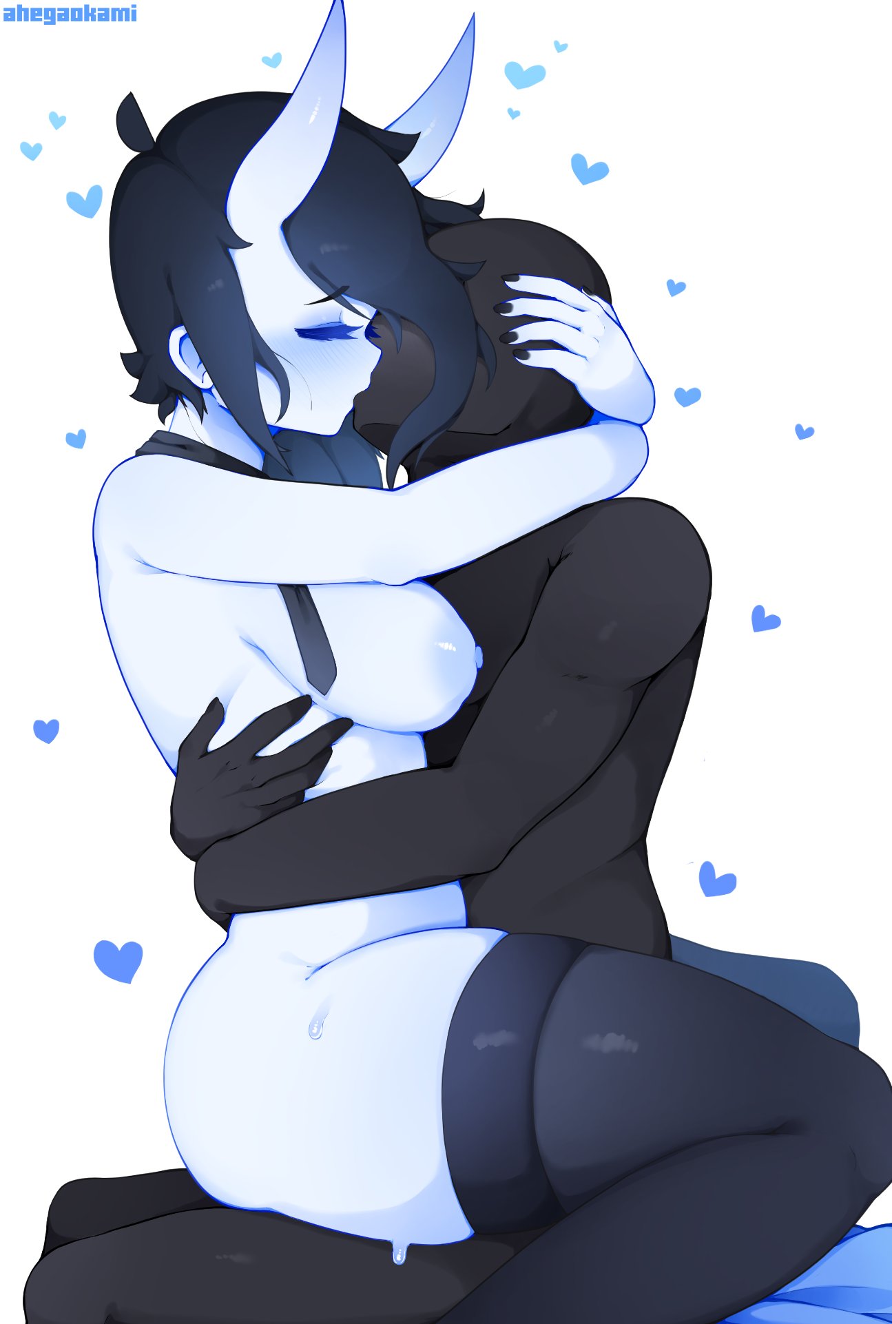 1boy, 1girls, ahegaokami, areolae, black hair, blush, breasts, closed eyes, cowgirl position, female, female on top, heart, highres, hug, hugging, kemonomimi, kissing, kissing while penetrated, male, naked thighhighs, nipples, nude, nude female, oni, oni horns, original, penis, pussy, riding penis, sex, sitting, sitting on penis, sitting on person, slim waist, spooky (ahegaokami), straddling, thick thighs, thigh squish, thighhighs, vaginal penetration, white background, wholesome