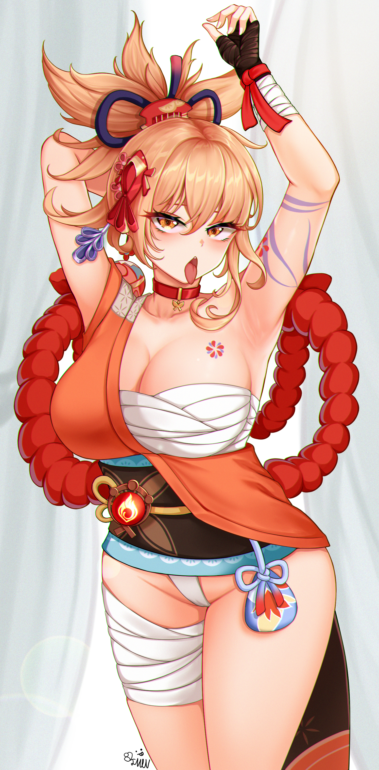 1girls, 82jhin, armpits, bandage, breasts, choker, cleavage, clothing, female, genshin impact, japanese clothes, kimono, large breasts, looking at viewer, naughty face, open mouth, orange eyes, orange hair, sarashi, shimenawa, tattoo, tongue, tongue out, underwear, yoimiya (genshin impact)