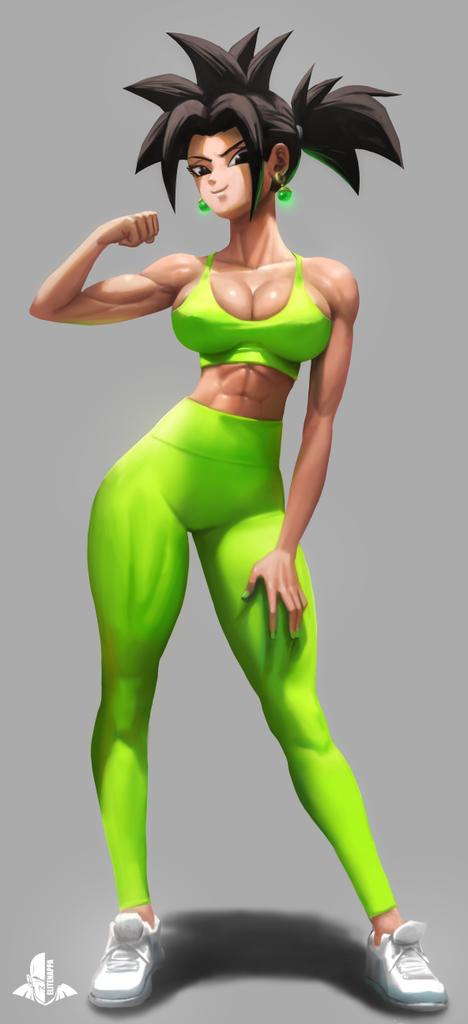abs, big breasts, breasts, cleavage, dragon ball, dragon ball super, elitenappa, female, female only, female saiyan, flexing, kefla, looking at viewer, potara earrings, saiyan, workout