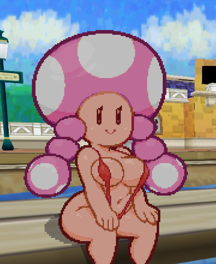 1girls accurate_art_style alternate_breast_size ass barely_clothed big_ass big_breasts breasts chubby cleavage clothing covered_nipples curvy detailed_background eyelashes female female_only humanoid large_breasts light-skinned_female light_skin mario_(series) midriff mushroom mushroom_girl navel nintendo paper_mario partially_clothed pink_hair pixel_art red_sling_bikini red_swimwear revealing_clothes shortstack sitting slightly_chubby sling_bikini smile solo solo_female somescrub swimsuit swimwear thick_thighs tight_clothing toadette twintails