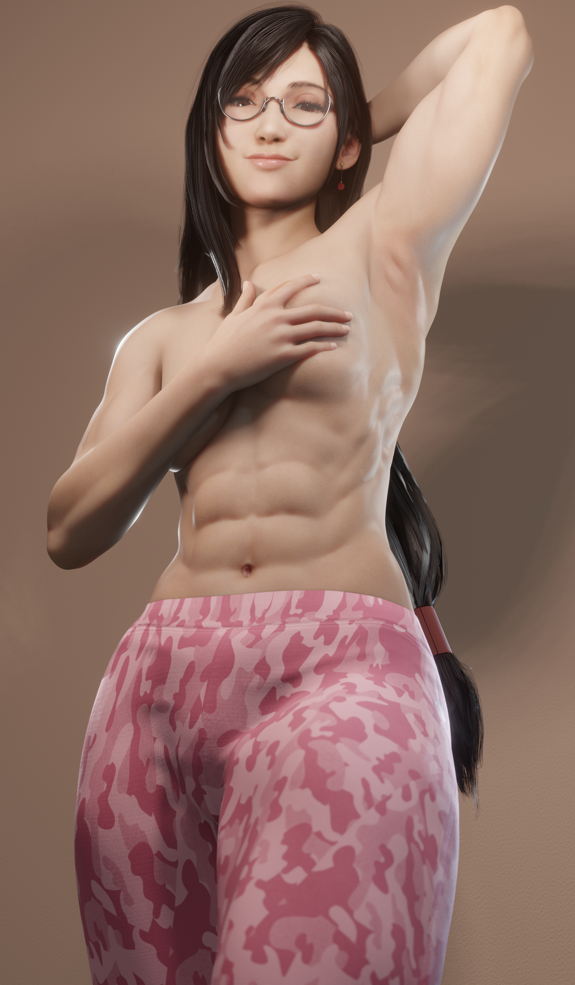 3d, abs, armpits, breasts, covering breasts, female, final fantasy, final fantasy vii, glasses, loligagger, muscular, muscular female, solo, tifa lockhart, topless