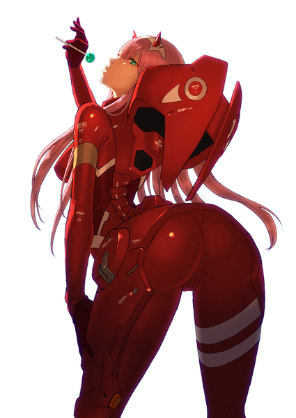 1girls 2d 2d_(artwork) ass ass_focus ass_view darling_in_the_franxx full_body_suit green_eyes hi_res highres horn horns latex latex_bodysuit latex_suit lolipop lollipop long_pink_hair looking_at_viewer looking_back pink_hair presenting_ass red_bodysuit red_latex red_latex_suit staring_at_viewer very_long_hair white_background zero_two_(darling_in_the_franxx)