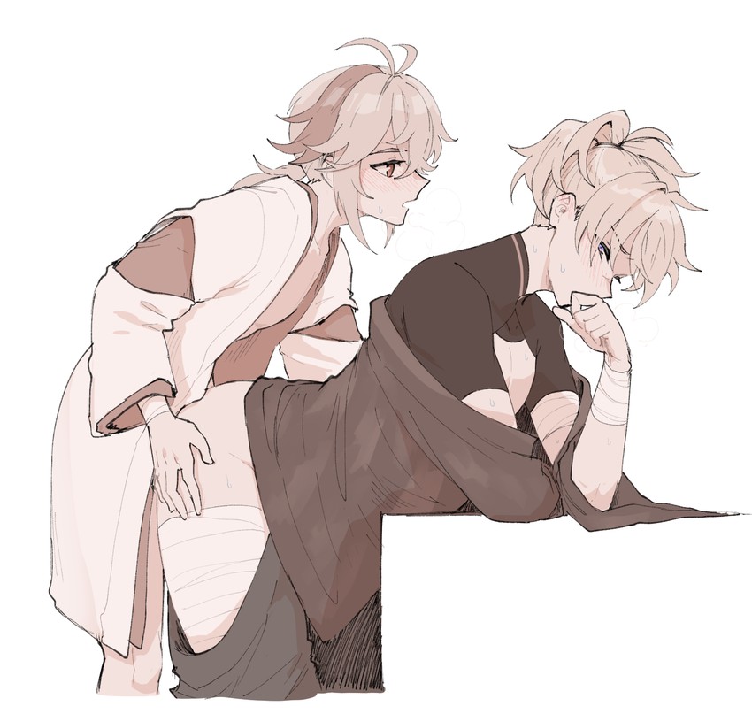 2boys, bandages, bent over, functionally nude, gay, genshin impact, kaedehara kazuha, male, male only, male/male, partially clothed, tomo (genshin impact), twink, yaoi