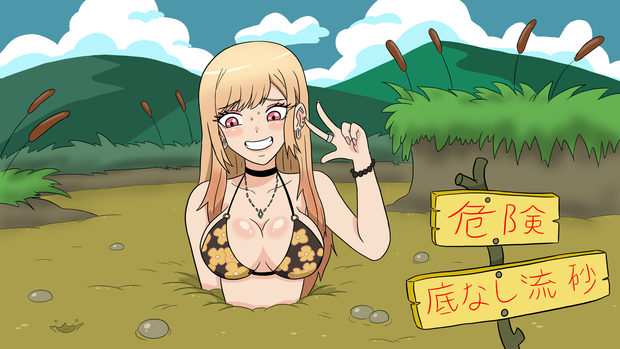 1girls bikini bikini_top bubble bubbles cattail_(plant) choker female_focus female_only flower hefess japanese_text kitagawa_marin mud nervous_smile peace_sign quicksand red_eyes sign sinking smile sono_bisque_doll_wa_koi_wo_suru swamp tagme text