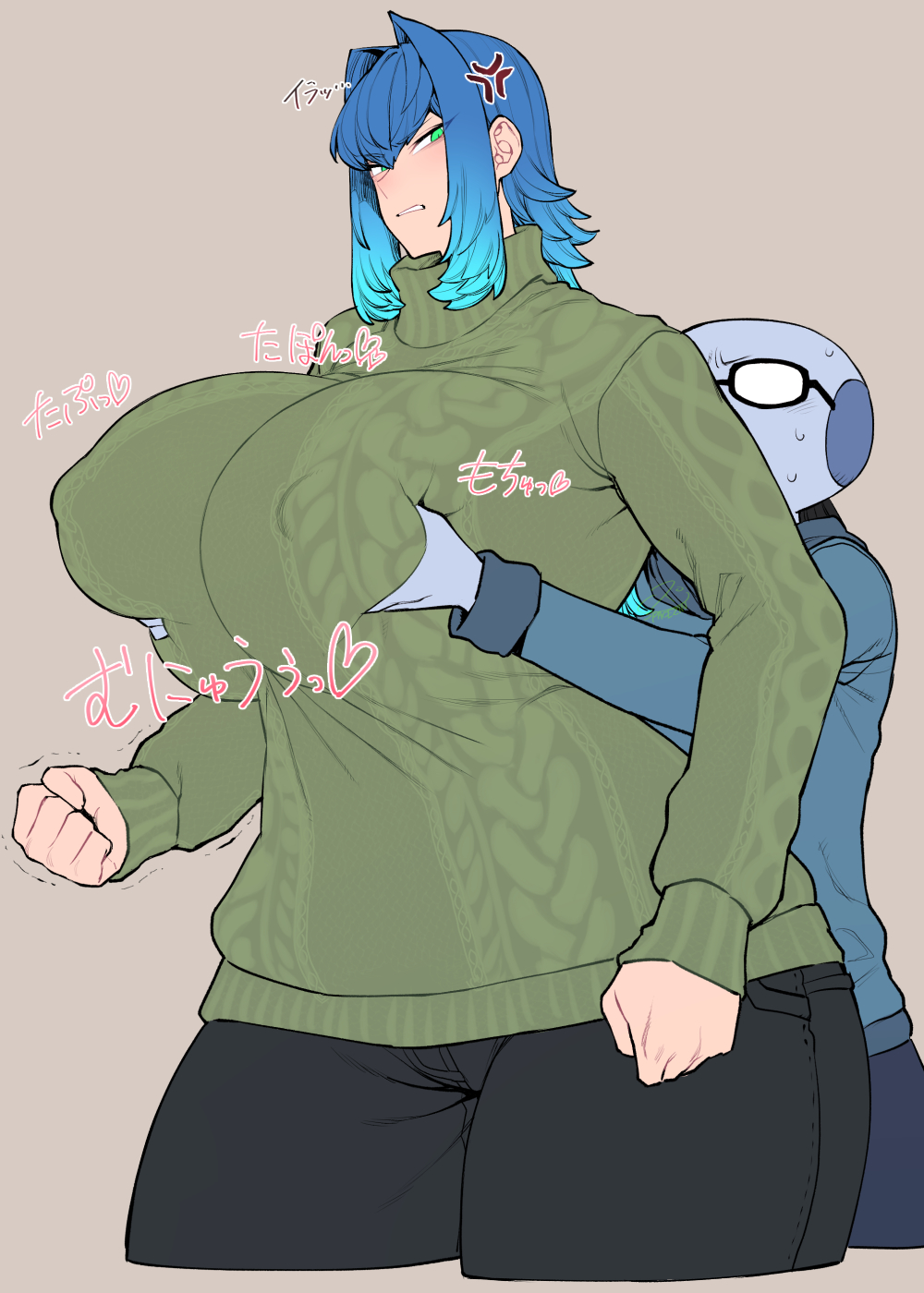 angry artist_self-insert black_pants blue_hair breast_grab clothing glasses green_eyes nipple_bulge original original_character self_insert spacezin sweater teeth_clenched zoe_(spacezin)