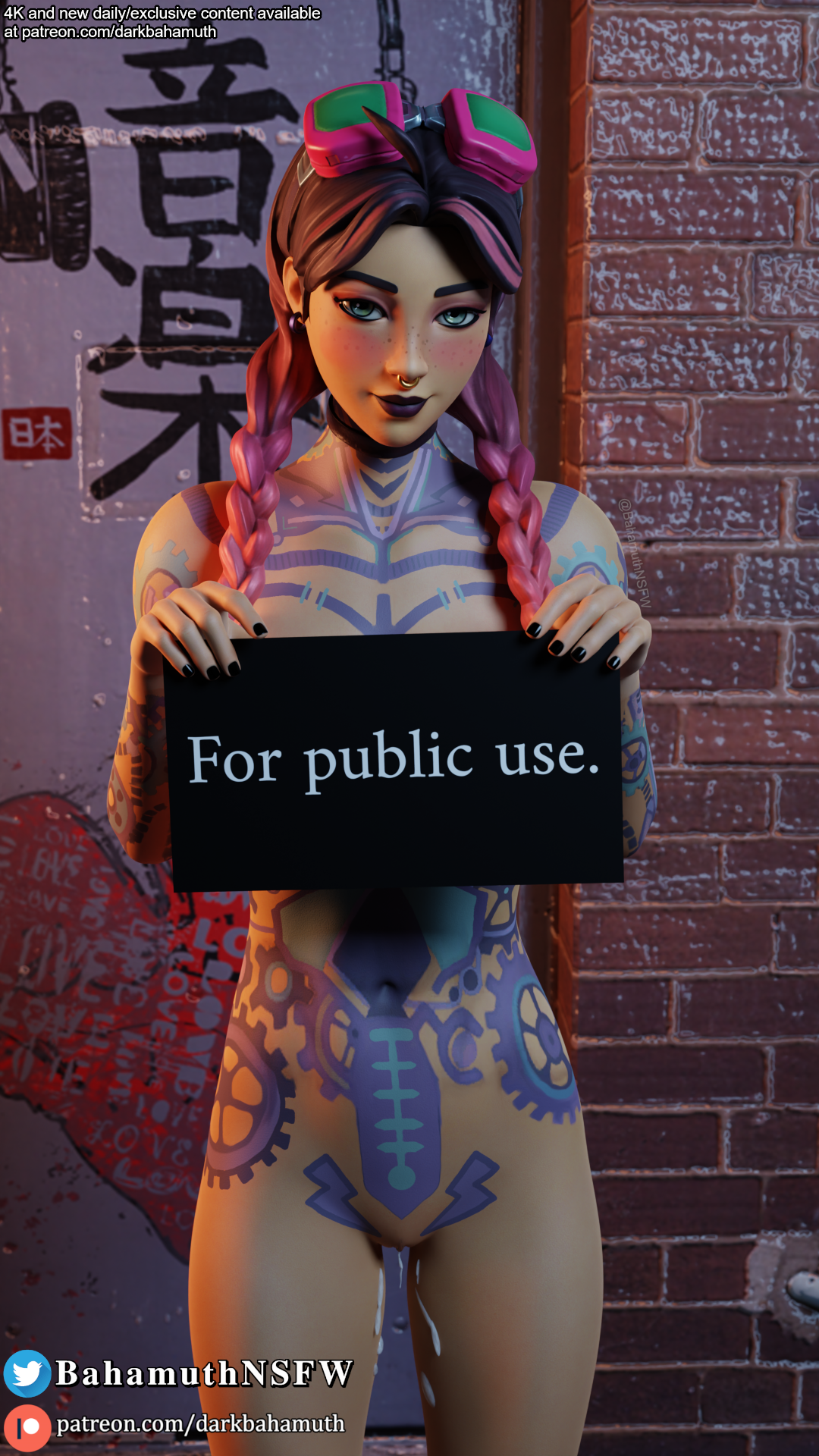 3d, beach jules, black nails, breasts, choker, covering breasts, cum, cum drip, cum in pussy, cum inside, cumdrip, darkbahamuth, eyewear on head, female, fingernails, fortnite, free use, goggles, goggles on head, head tilt, holding sign, jules (fortnite), looking at viewer, nail polish, nose ring, nude, nude female, petite, piercing, public, public nudity, pussy, street, tattoo, tattoos, tattoos everywhere, tight pussy