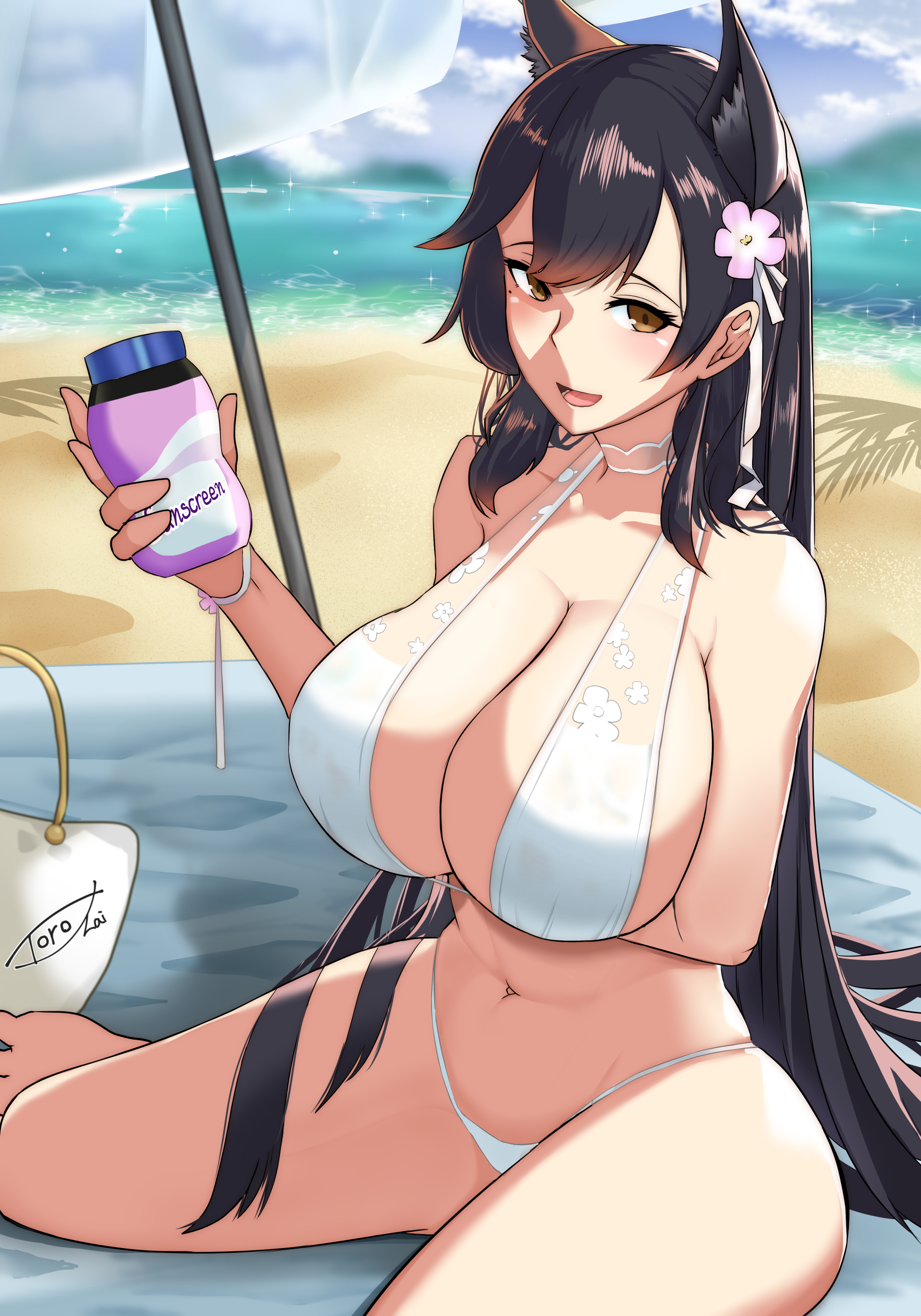 1girls, 2021, arm under breasts, atago (azur lane), atago (summer march) (azur lane), azur lane, beach, beach umbrella, belly, big breasts, bikini, bikini bottom, bikini top, breasts, cleavage, covered nipples, female, female focus, female only, holding, holding object, light skin, light-skinned female, looking at viewer, mole, mole under eye, navel, open mouth, sakura empire (azur lane), solo, sunscreen, toro zai, wariza, white bikini, white bikini bottom, white bikini top