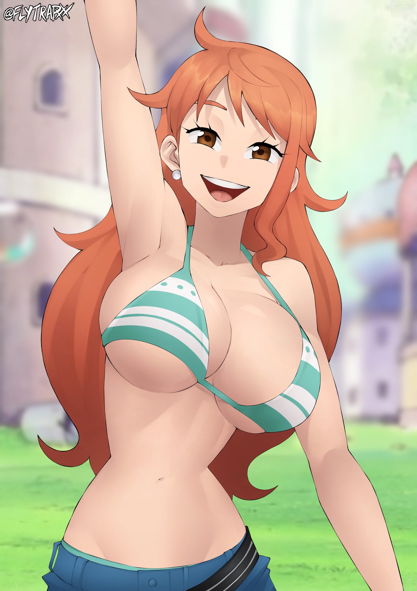 1girls belt big_breasts bikini bikini_top blurry_background breasts brown_eyes busty cleavage curvy ear_piercing earrings female female_only flytrapxx jeans large_breasts light-skinned_female long_hair looking_at_viewer nami narrow_waist navel one_piece orange_hair red_hair sabaody_archipelago smile solo striped_bikini twitter_username waving