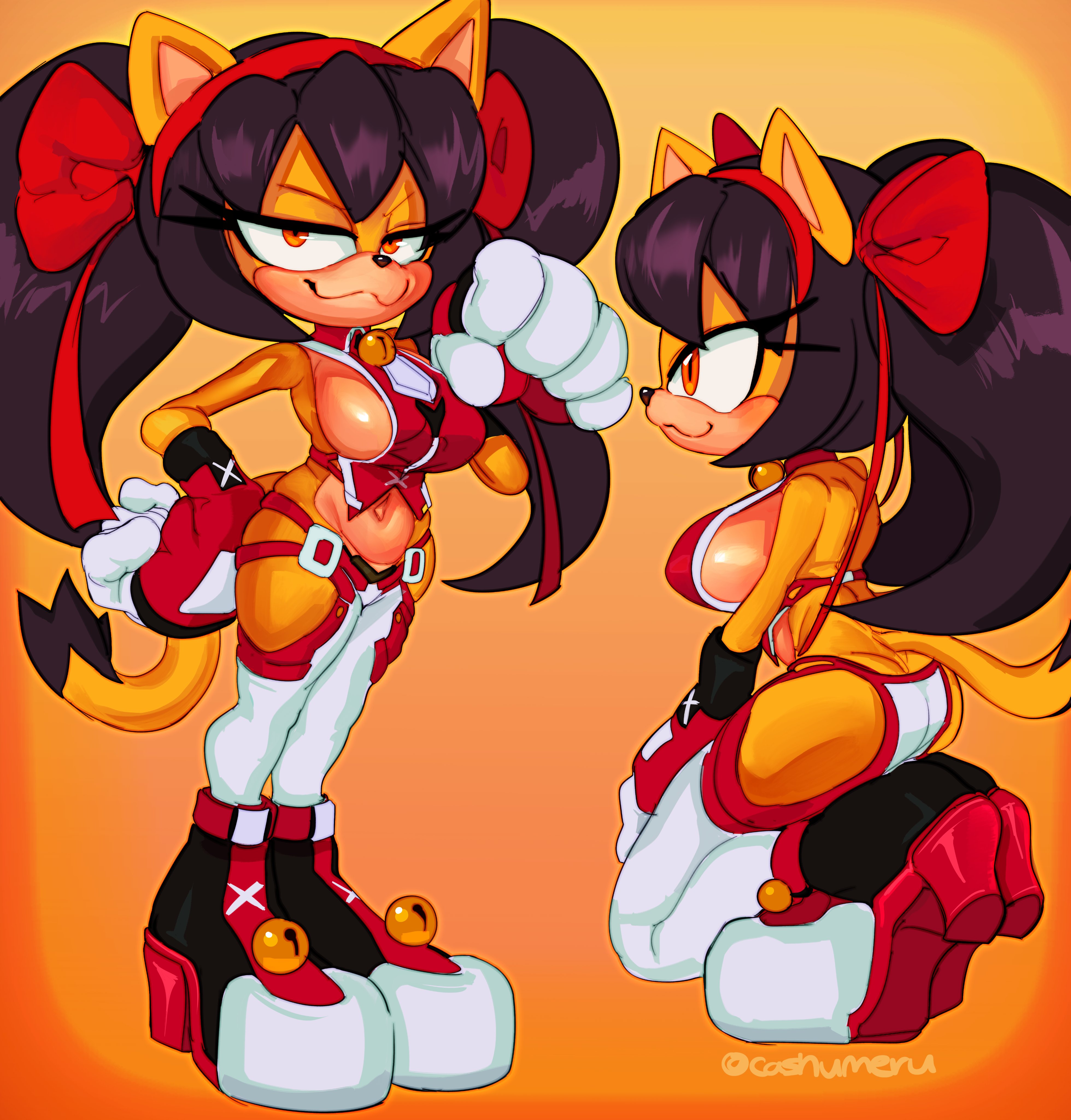 :3, 1girls, absurd res, adapted costume, alternate costume, amber eyes, anthro, anthro only, archie comics, bedroom eyes, bell collar, black hair, blazblue, bow, breasts, cashumeru, clothing, collar, cosplay, digital media (artwork), domestic cat, exposed ass, exposed back, feline, female, female focus, female only, furry, furry only, gloves, hair accessory, hairband, heel boots, heels, hi res, honey the cat, long hair, looking at viewer, mai natsume, midriff, panties, plain background, sega, shoes, side boob, solo, sonic (series), sonic the fighters, sonic the hedgehog (archie), sonic the hedgehog (comics), sonic the hedgehog (series), tail, twintails, twitter username